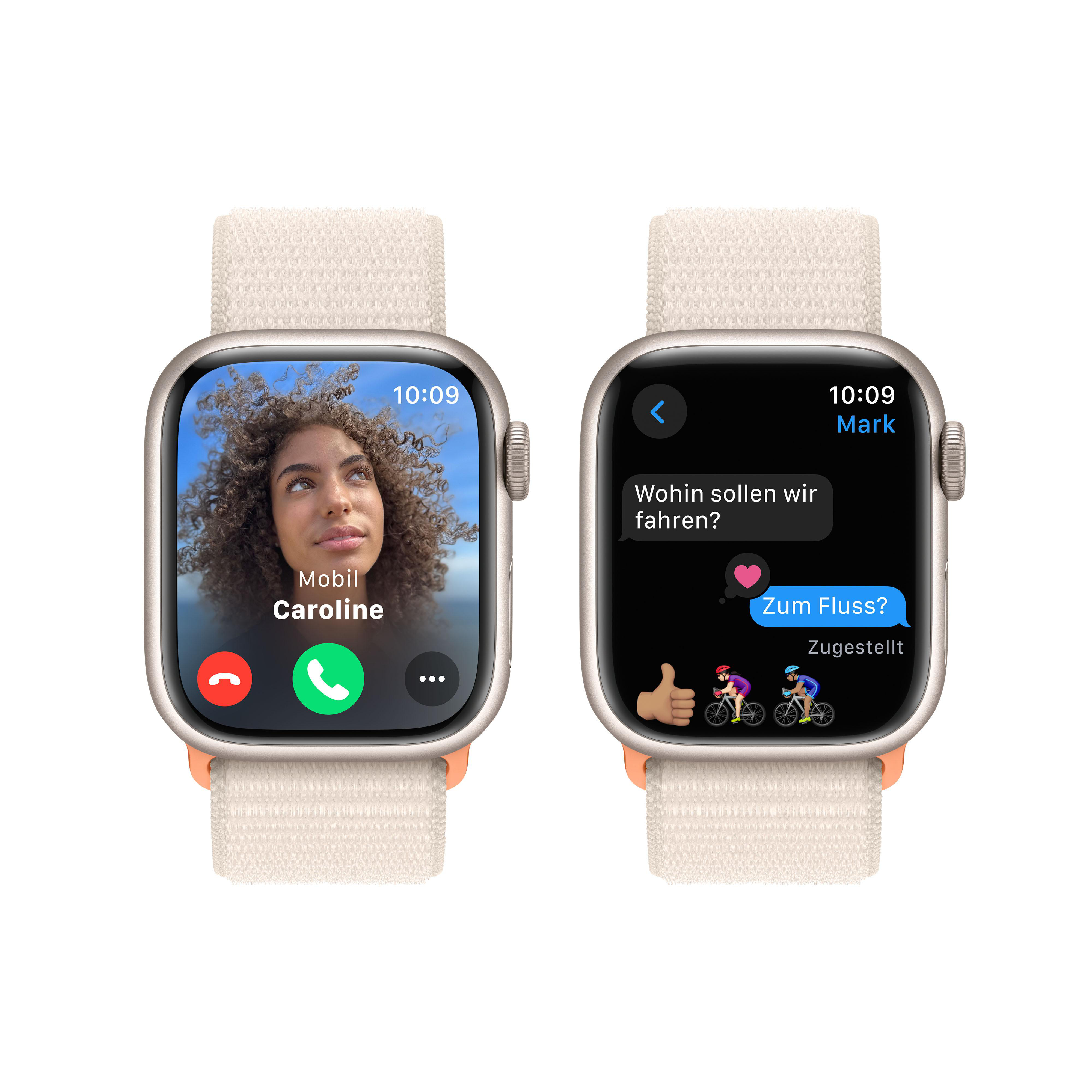 Zwei Apple Watches. Eine zeigt einen Anruf. Die andere zeigt einen SMS-Austausch, auf einem beigen Band.