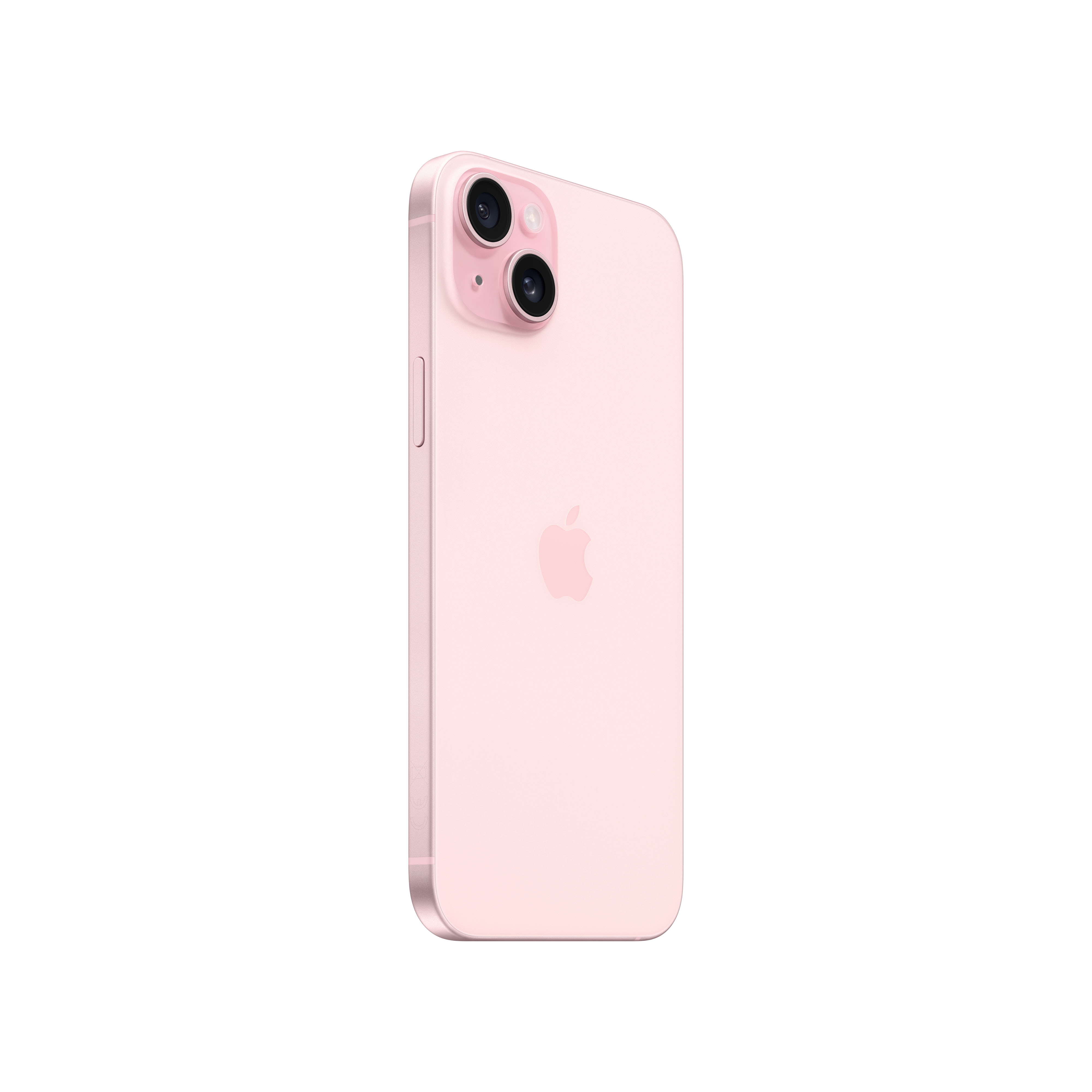 Telefono rosa, leggermente angolato. Mostra una fotocamera con due lenti. Logo Apple sul retro.
