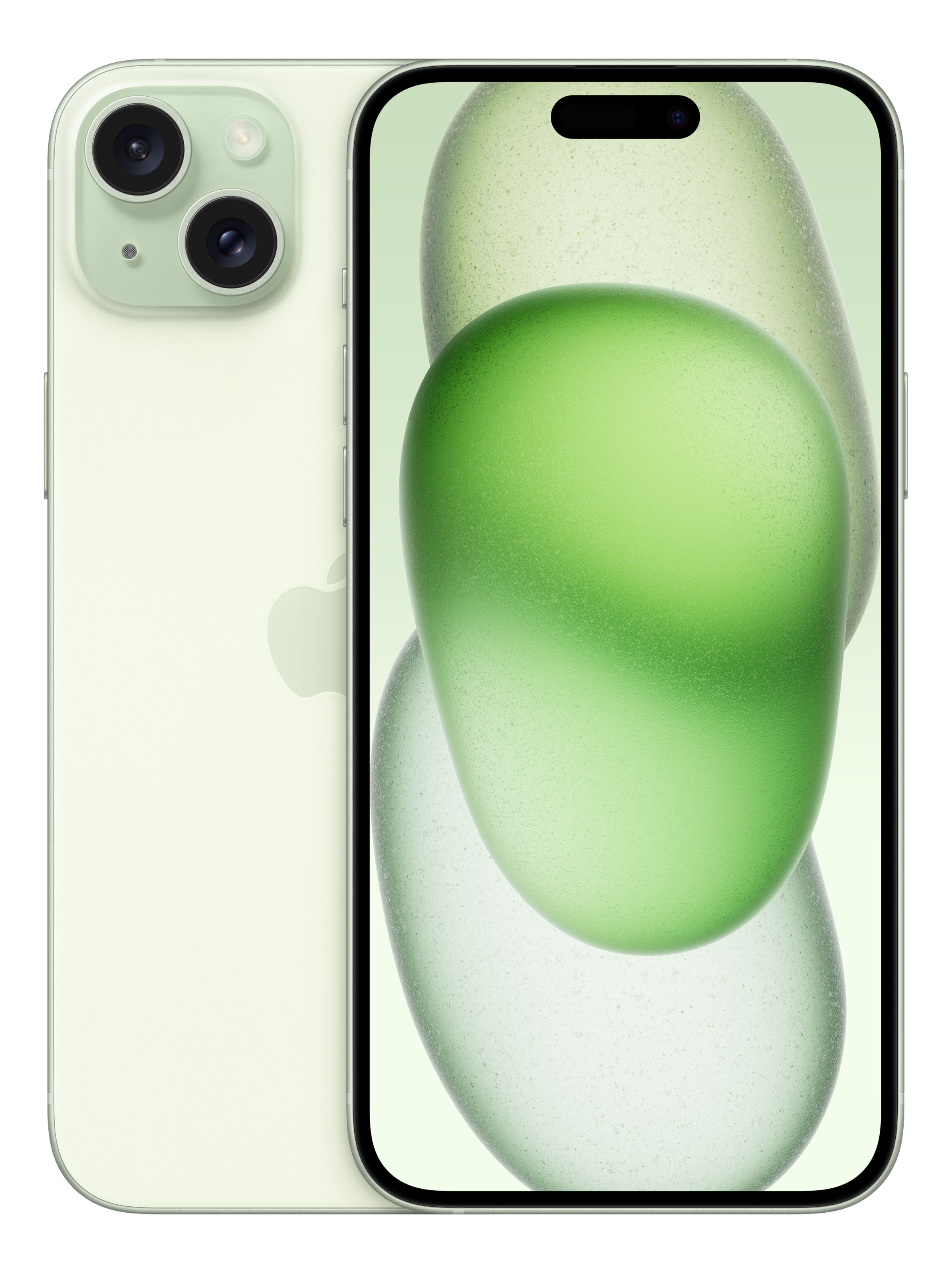 Grünes iPhone 14 mit drei Rückkameras und grünem Bildschirm.