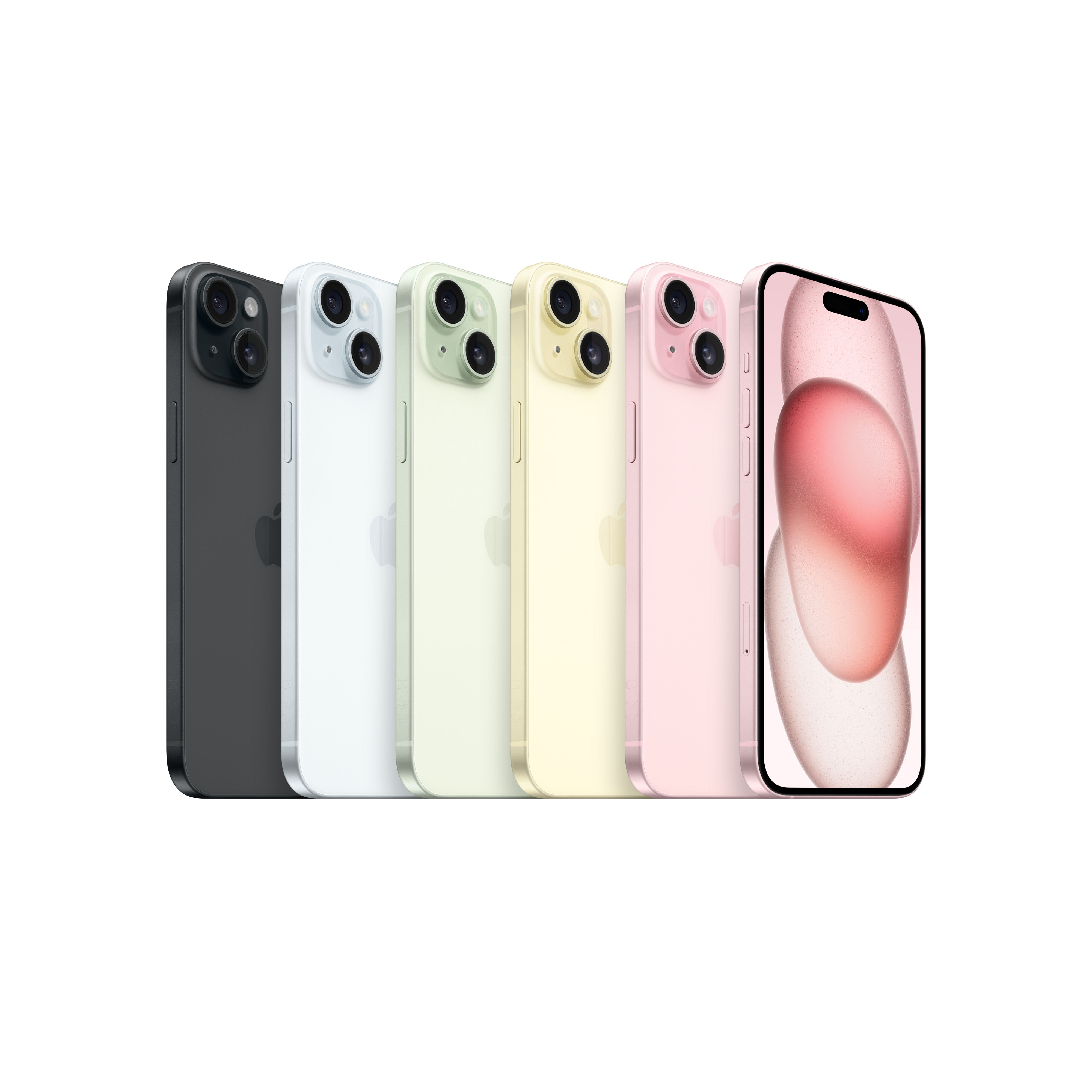 Sei iPhone di vari colori allineati. Il telefono più avanti mostra uno sfondo. Sfondo bianco.
