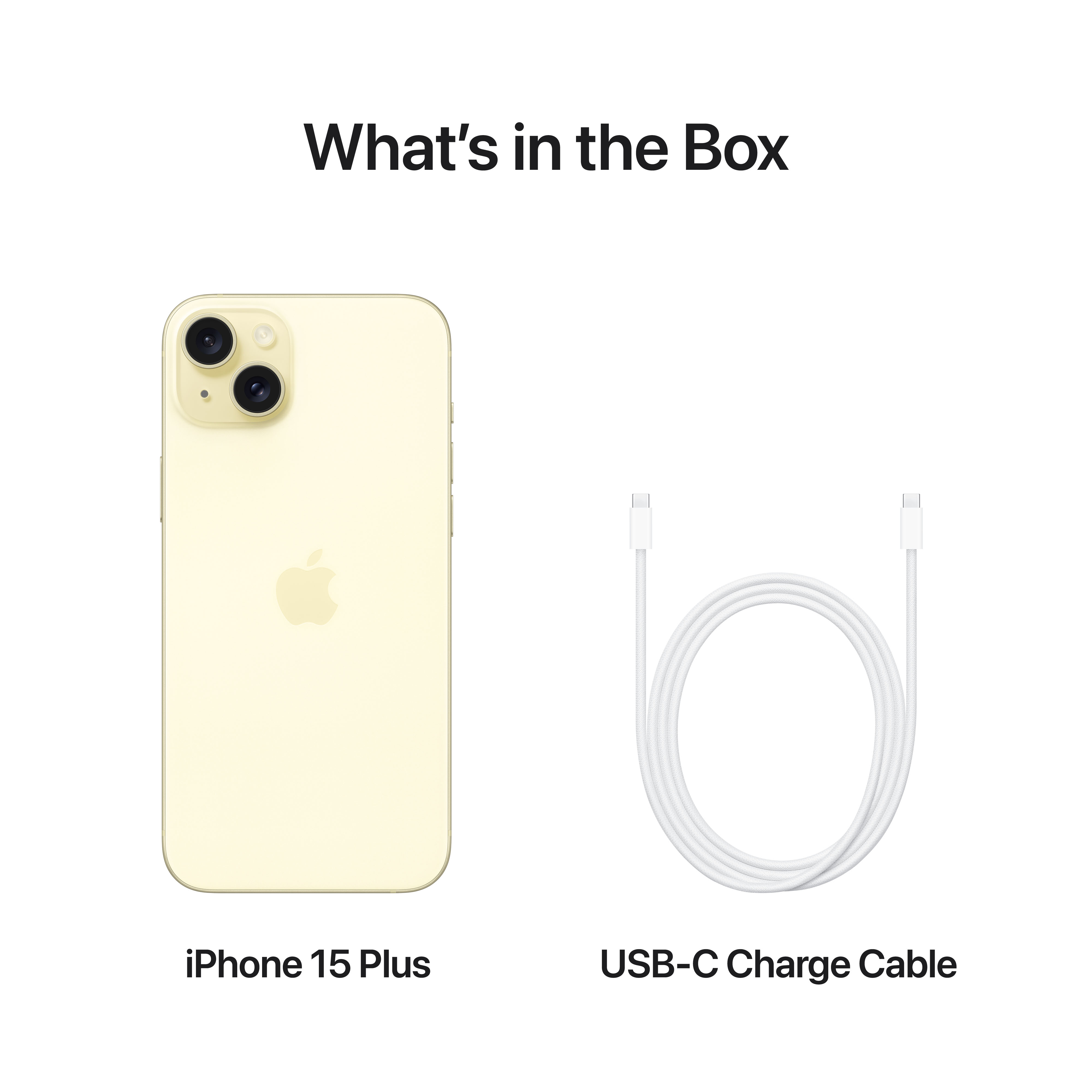 Un iPhone 15 Plus e un cavo USB-C sono mostrati su sfondo bianco.