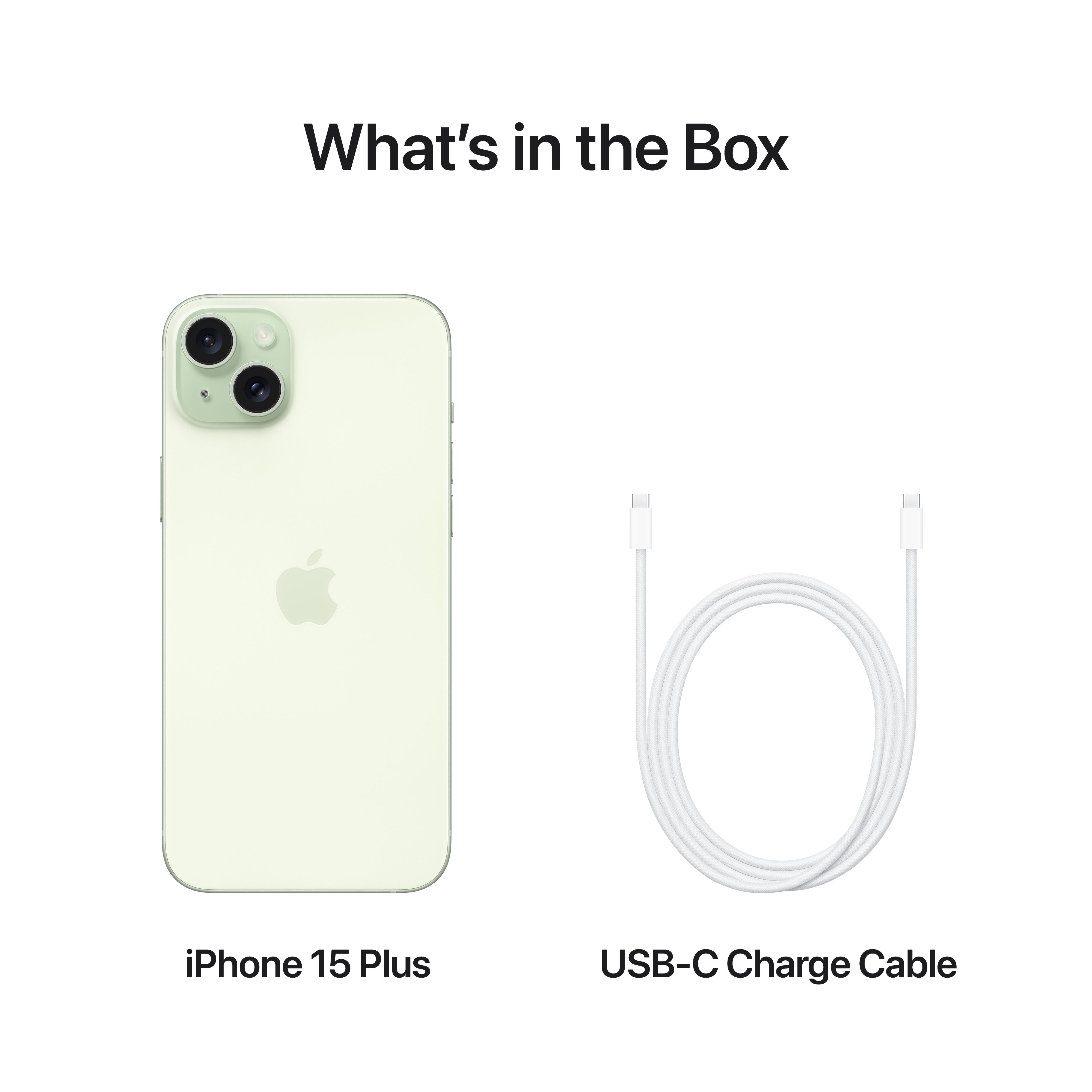 iPhone 15 Plus und USB-C-Kabel in der Box, zeigt die Farbe des Telefons und des Kabels.