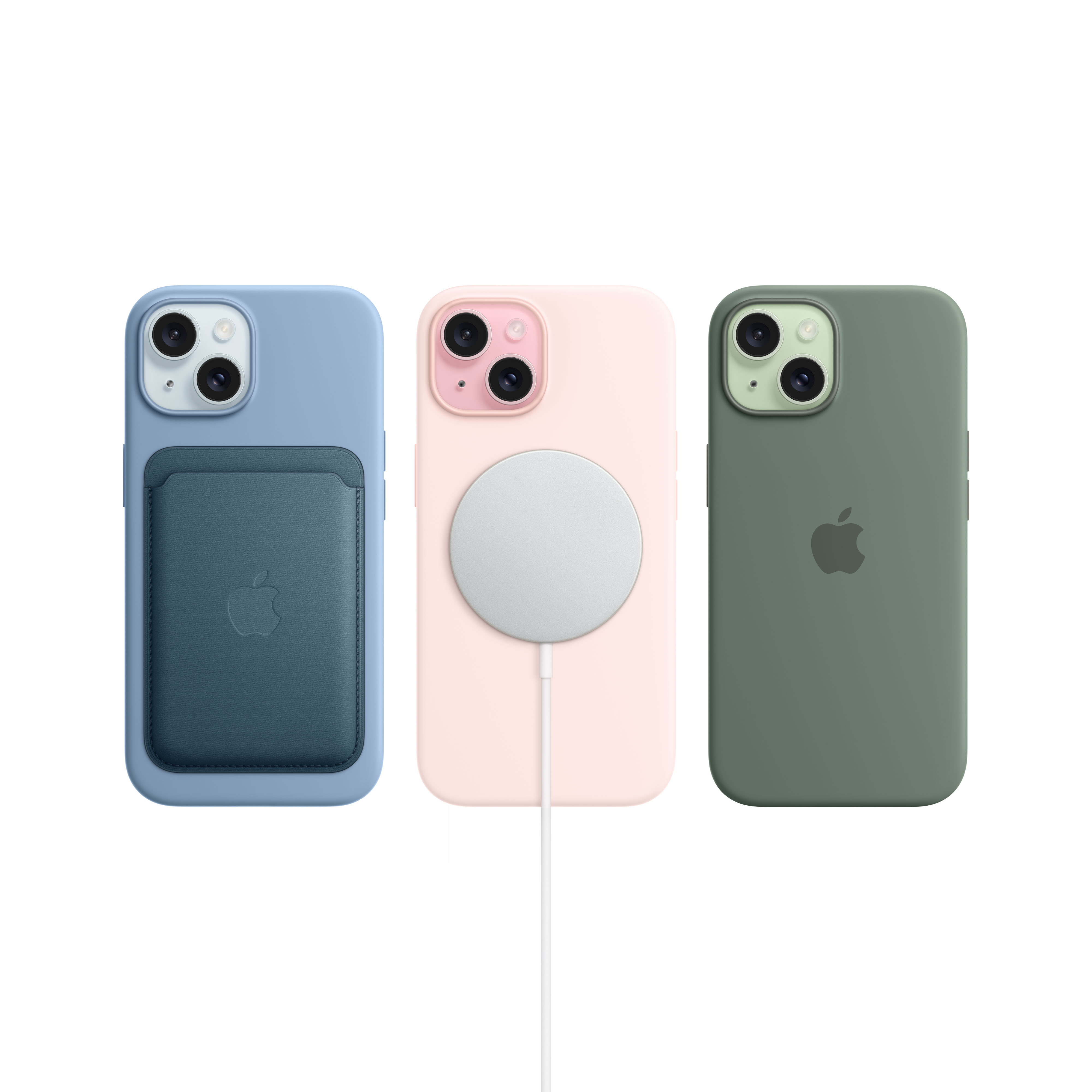 Tre custodie per iPhone in blu, rosa e verde, con accessori MagSafe e il logo Apple.