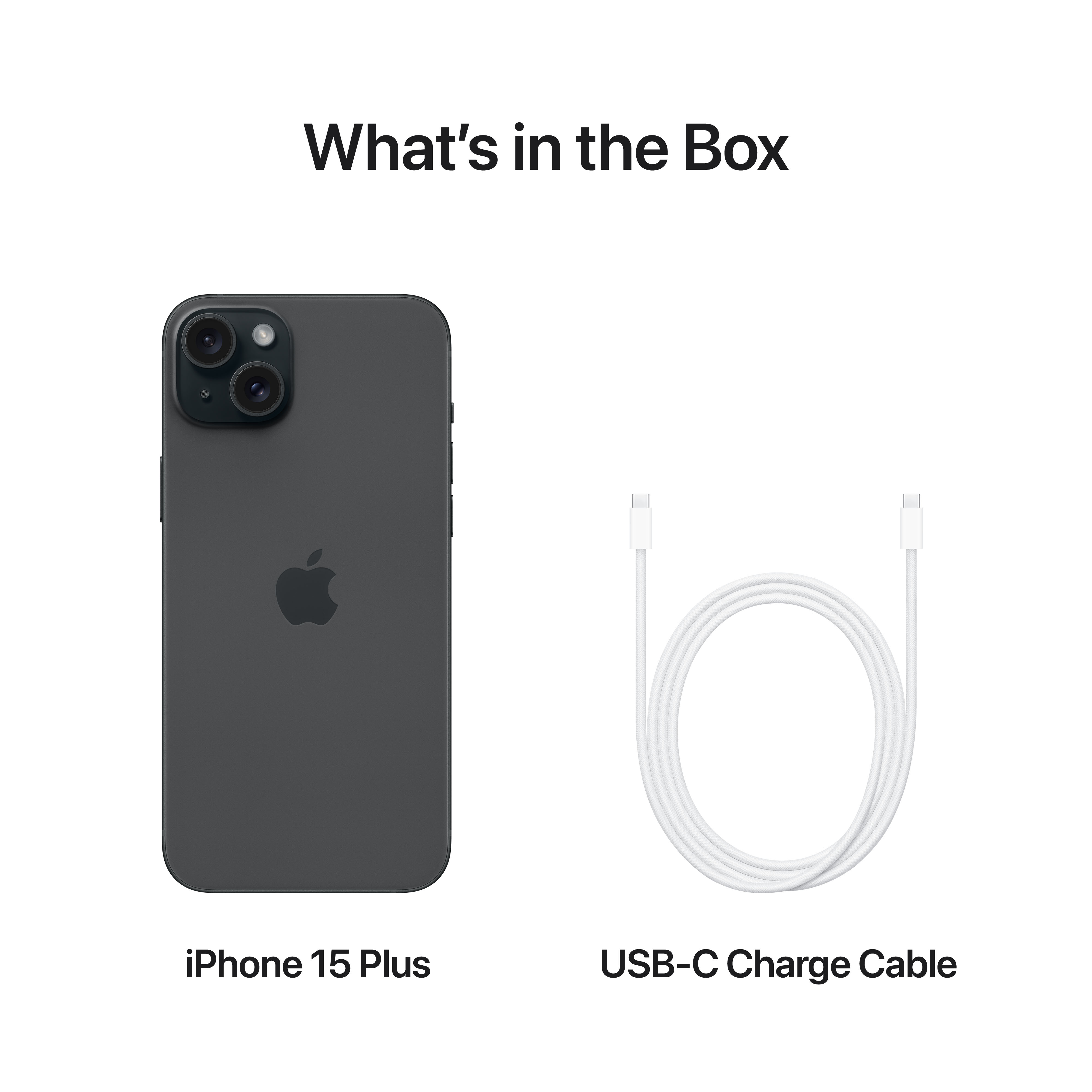 iPhone 15 Plus e cavo di ricarica USB-C. Testo: 'Cosa c'è nella scatola'.