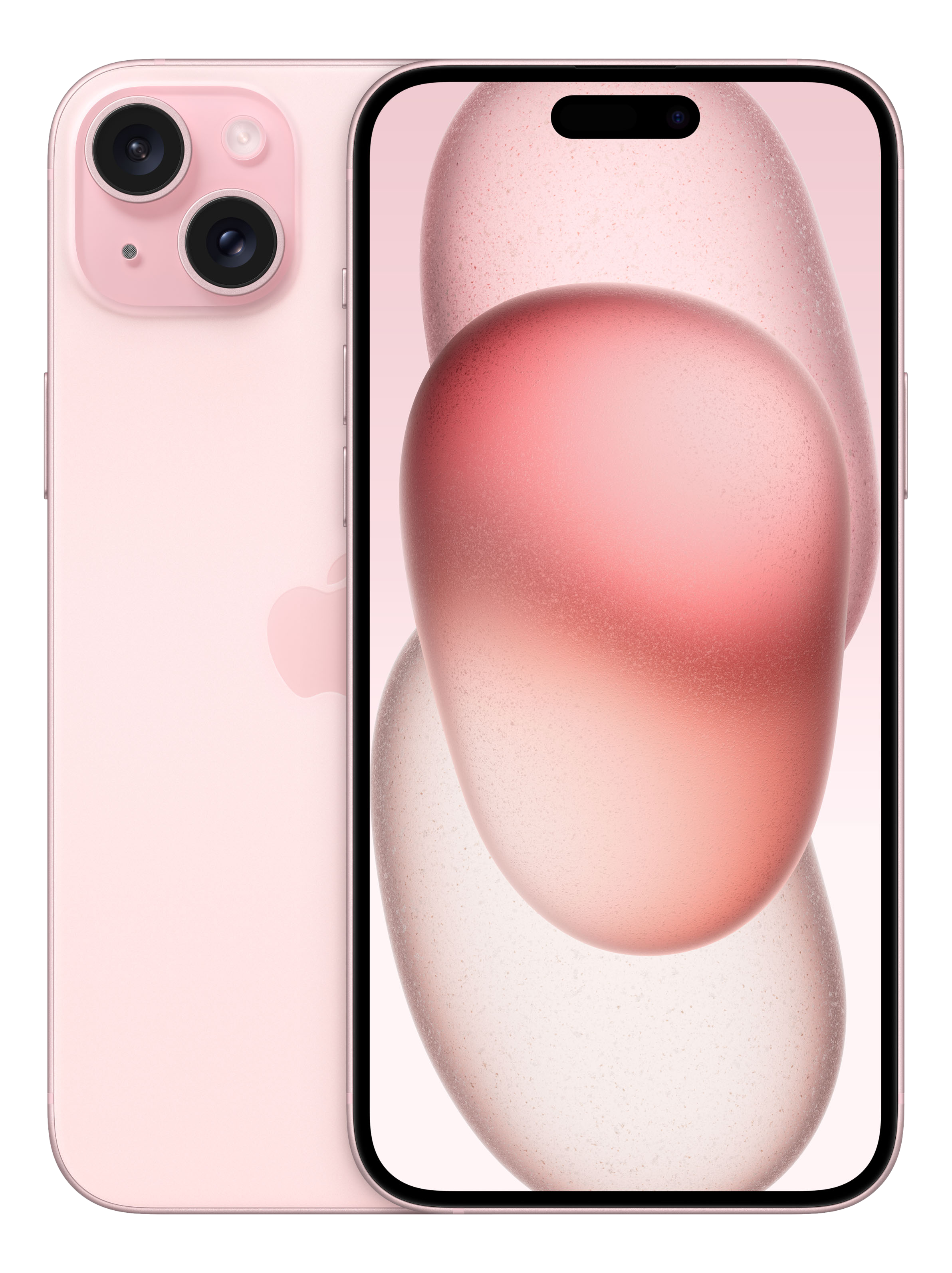 Ein rosa iPhone auf einer weißen Oberfläche, mit einem Bildschirm, der ein abstraktes rosa Design zeigt.