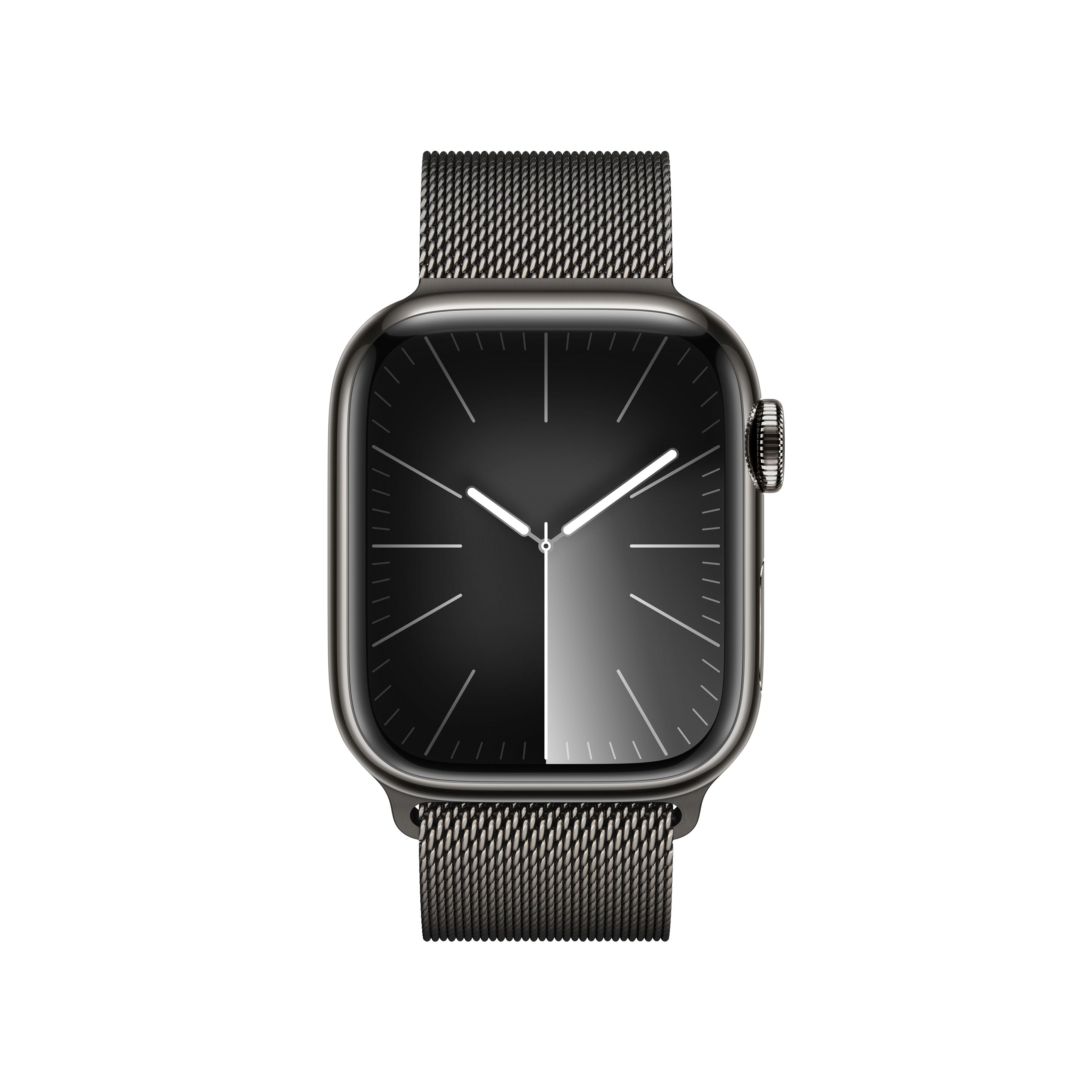 Schwarze Apple Watch mit schwarzem Mesh-Armband. Das Zifferblatt ist schwarz und grau mit Uhrzeigern.