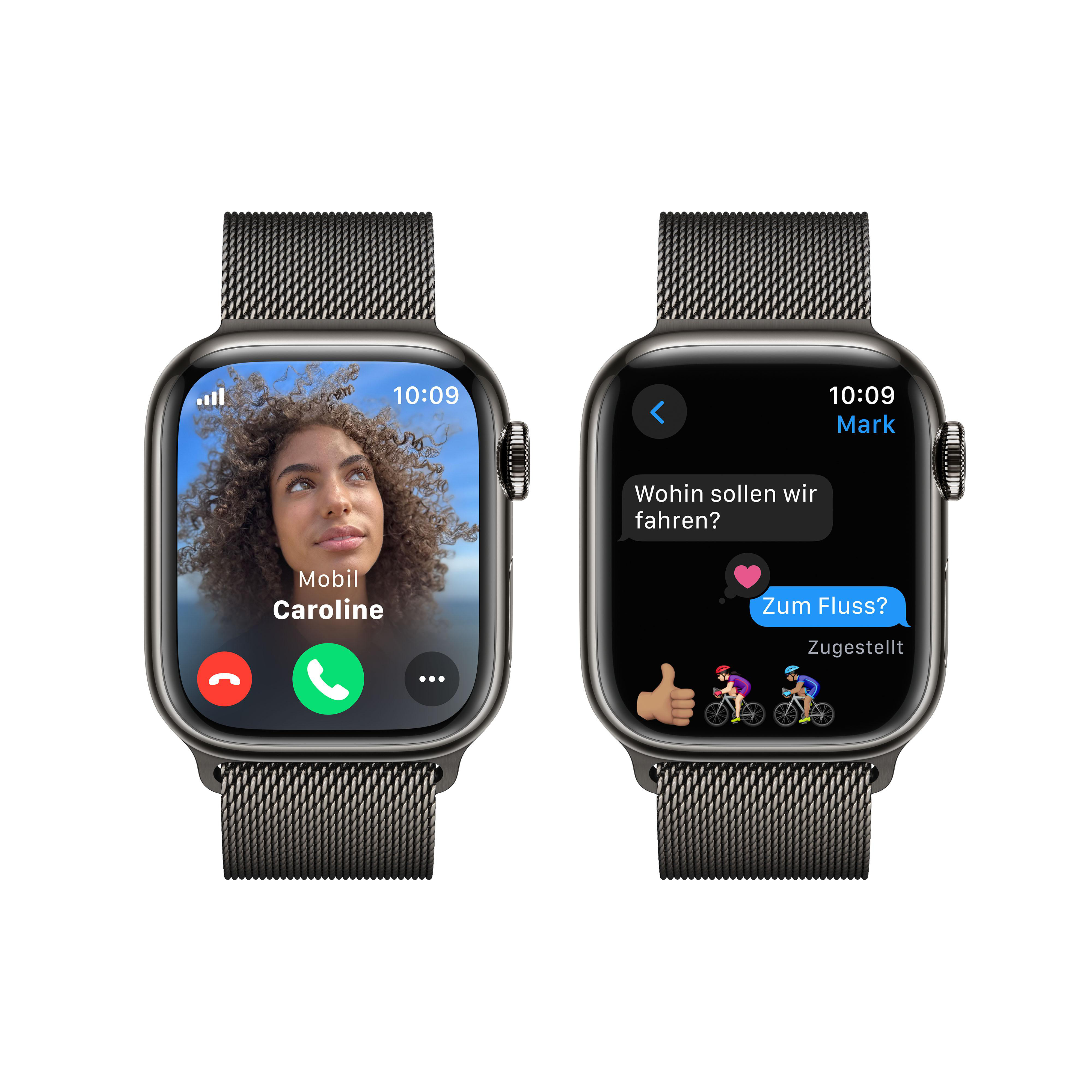 Zwei Apple Watches auf einem Tisch, die Anruf- und Textnachrichtenbildschirme mit Metallarmband zeigen.