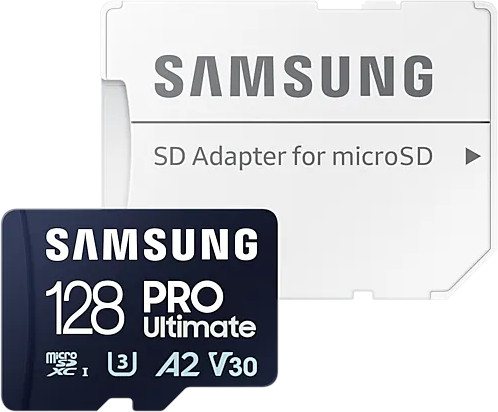 Samsung SD card and adapter. White background.