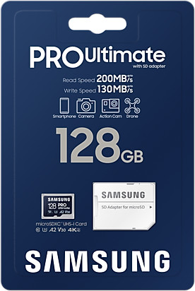 Samsung 128GB microSD card with adapter packaging.