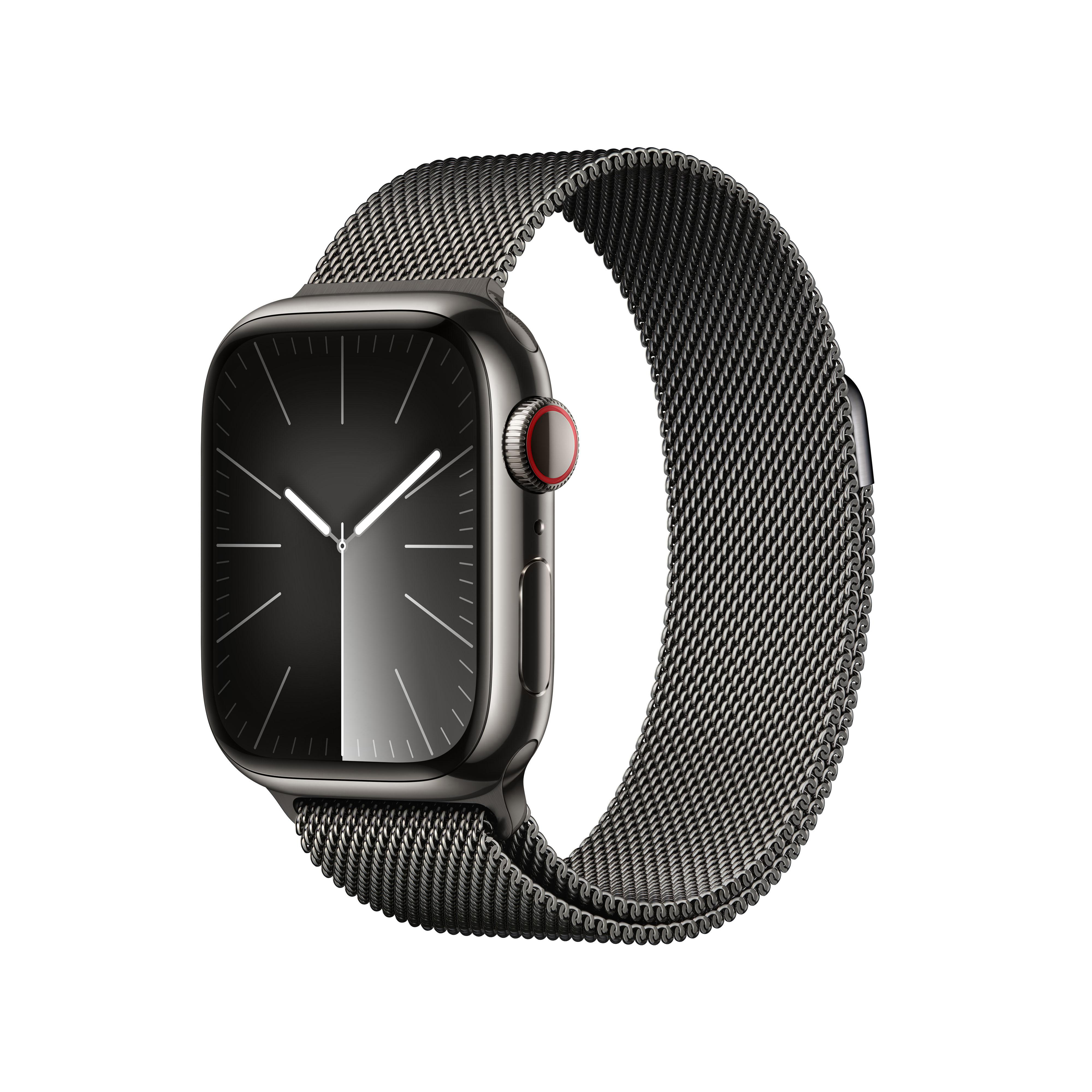 Apple Watch mit schwarzem Armband und digitaler Anzeige.