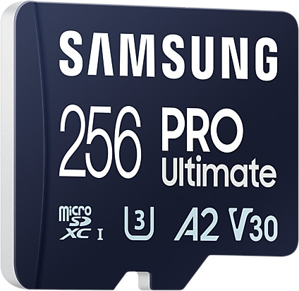 A Samsung 256 GB Pro Ultimate microSD card. It has black and white text against a dark blue background.