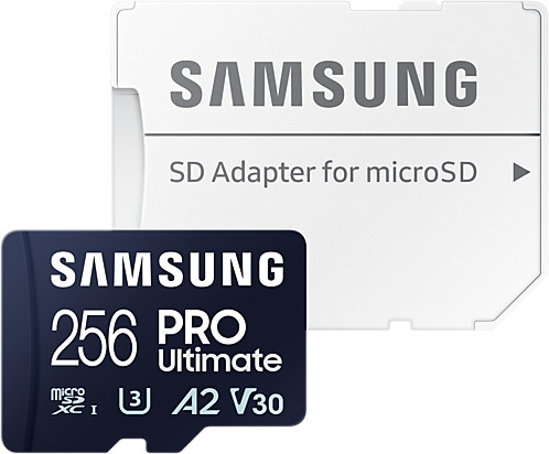 Samsung SD card and adapter. Black card says 256 Pro Ultimate. White adapter has Samsung logo.