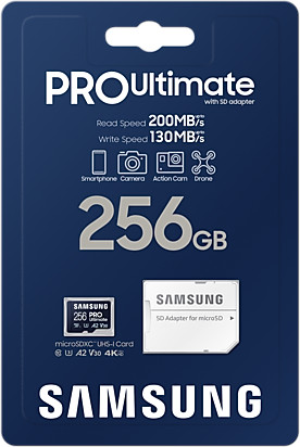 Samsung Pro Ultimate SD card packaging, with read/write speeds and 256GB capacity on blue.