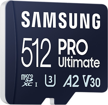 A Samsung 512 Pro Ultimate Micro SD card with text and logos.