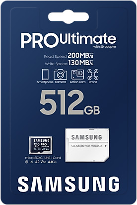 Blue and white Samsung SD card package: PRO Ultimate, 512GB, 200MB/s read, 130MB/s write.