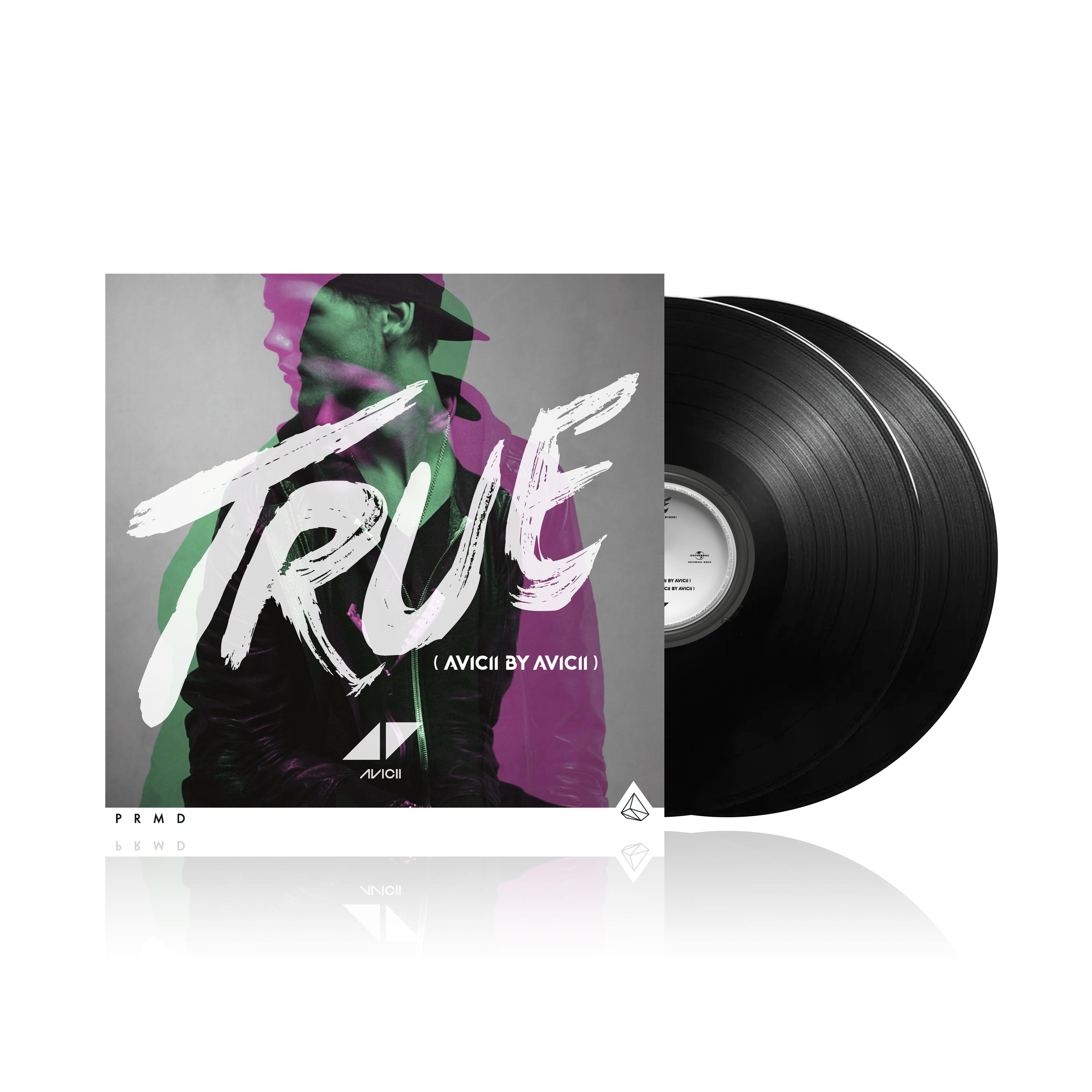 Albumcover mit zwei schwarzen Schallplatten. Das Cover zeigt das Gesicht eines Mannes mit einem rosa und grünen Overlay.