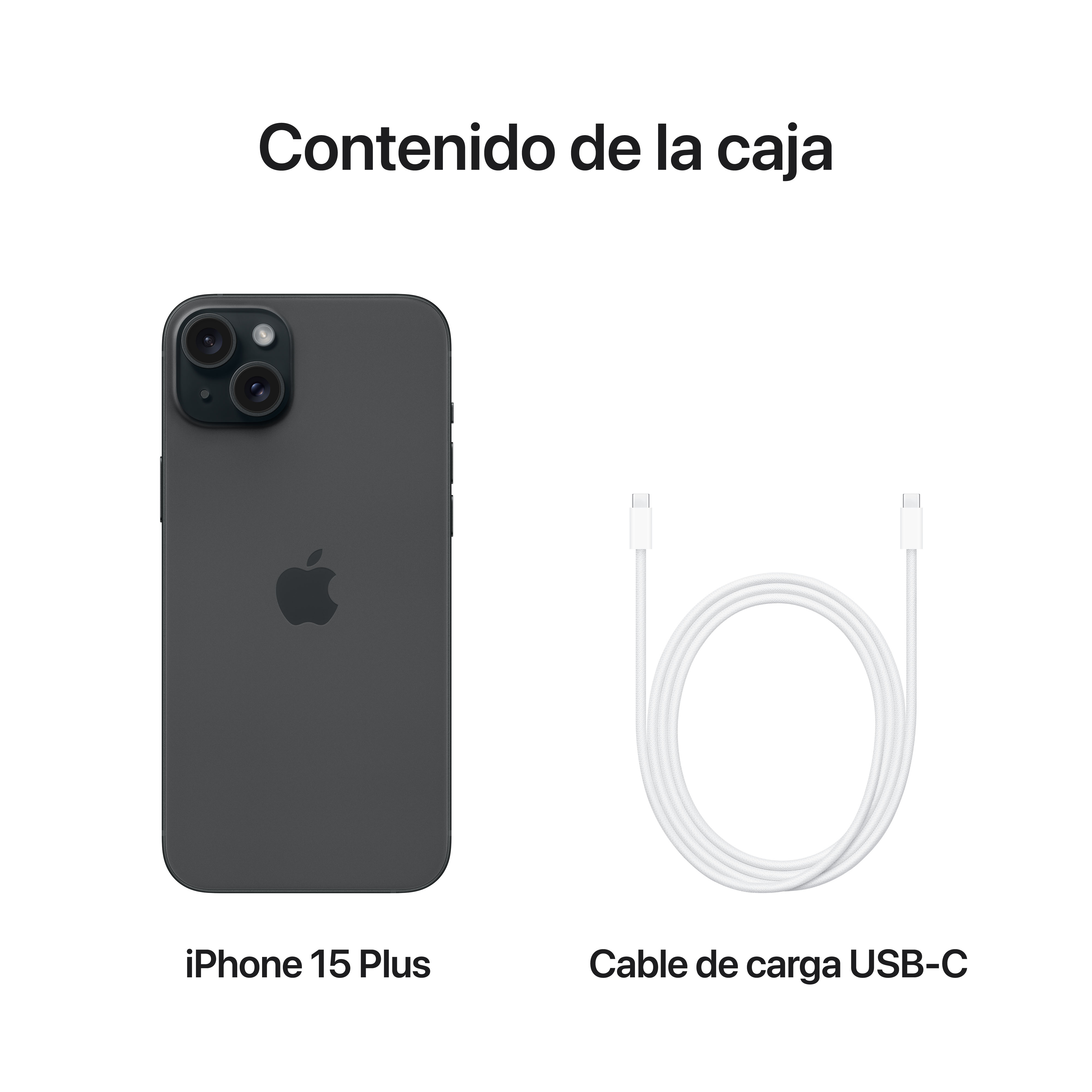 Un iPhone 15 Plus y un cable de carga USB-C, sobre fondo blanco. El teléfono es gris oscuro.