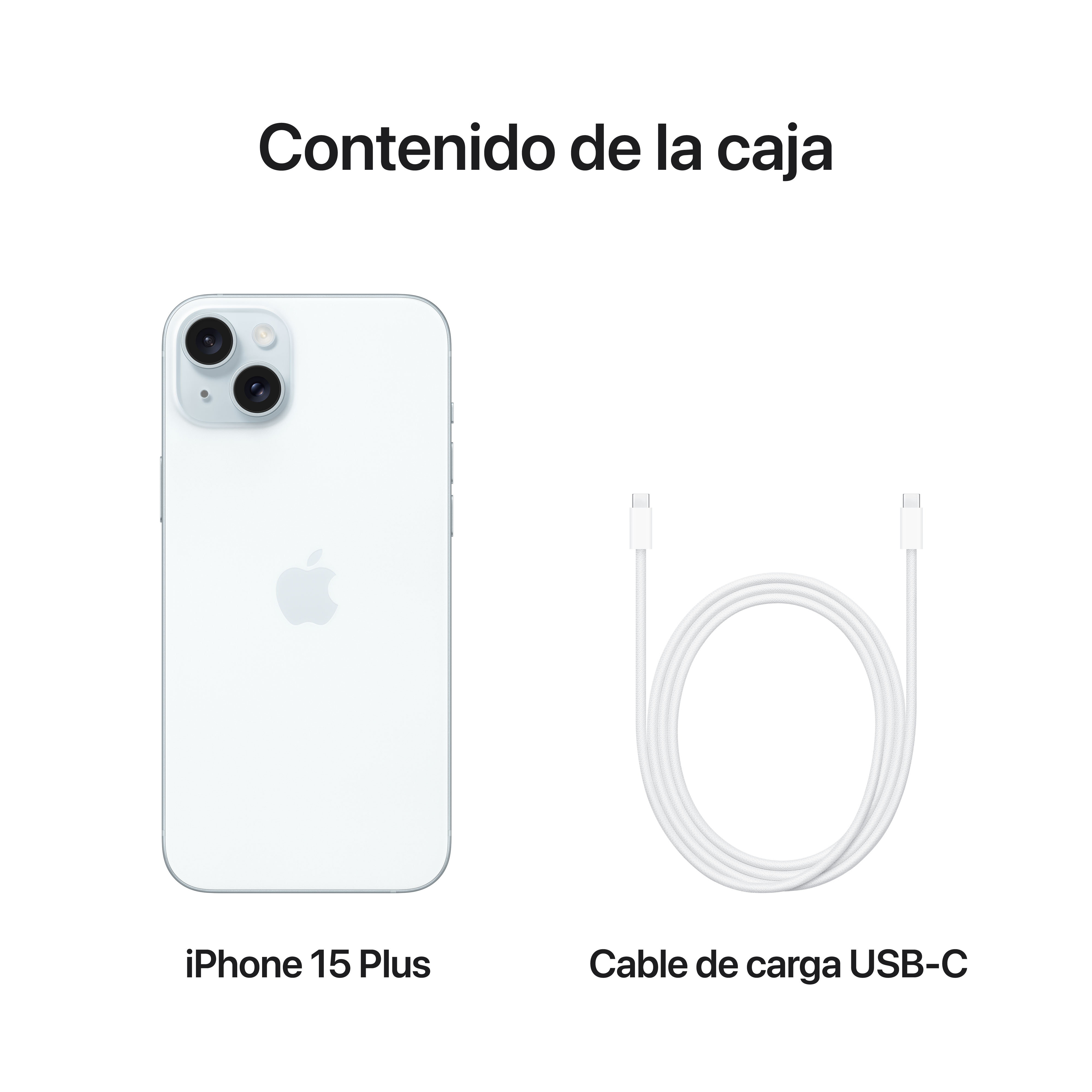 iPhone 15 Plus blanco y cable de carga USB-C blanco sobre fondo blanco.