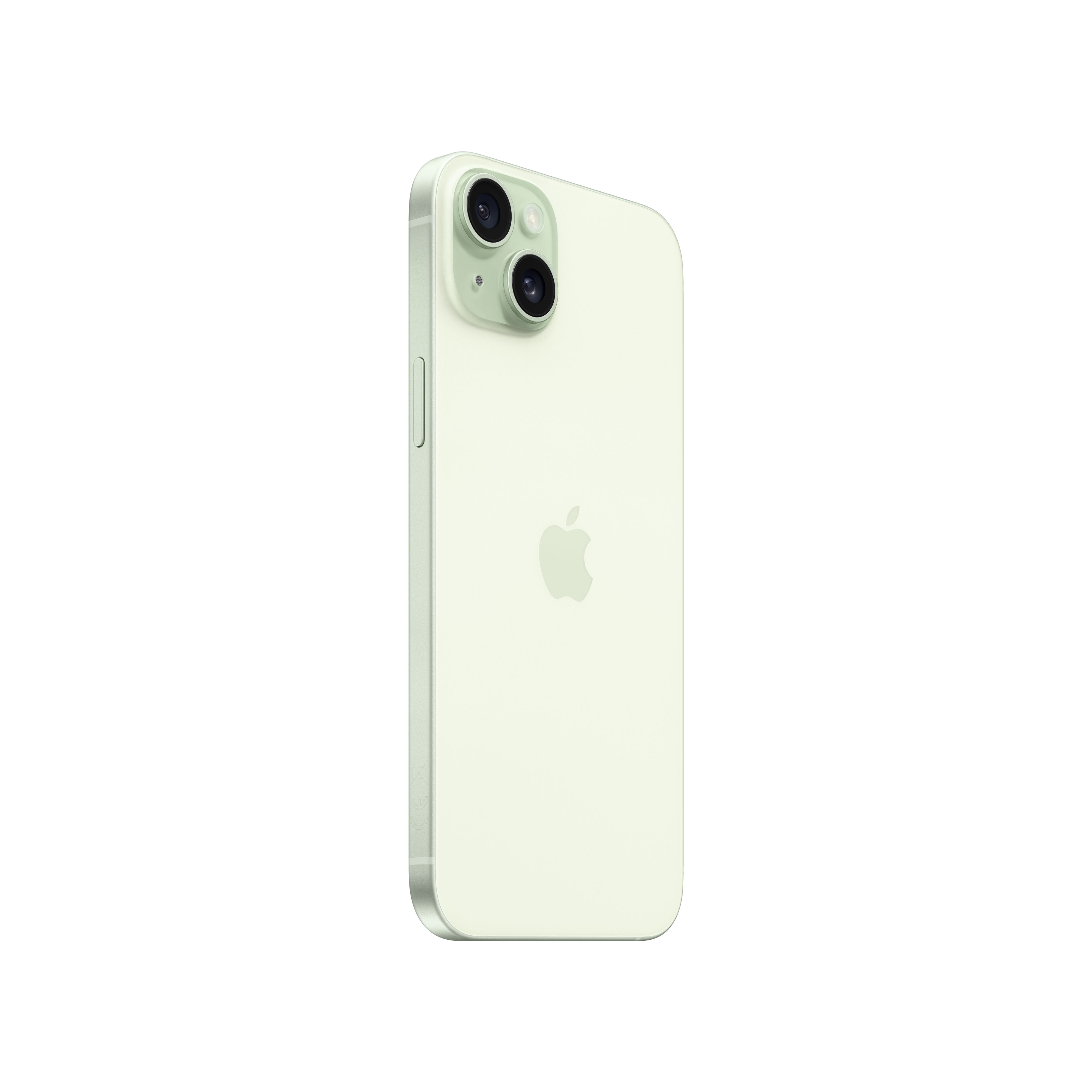 iPhone verde claro sobre fondo blanco. Parte trasera con lentes y logo Apple.