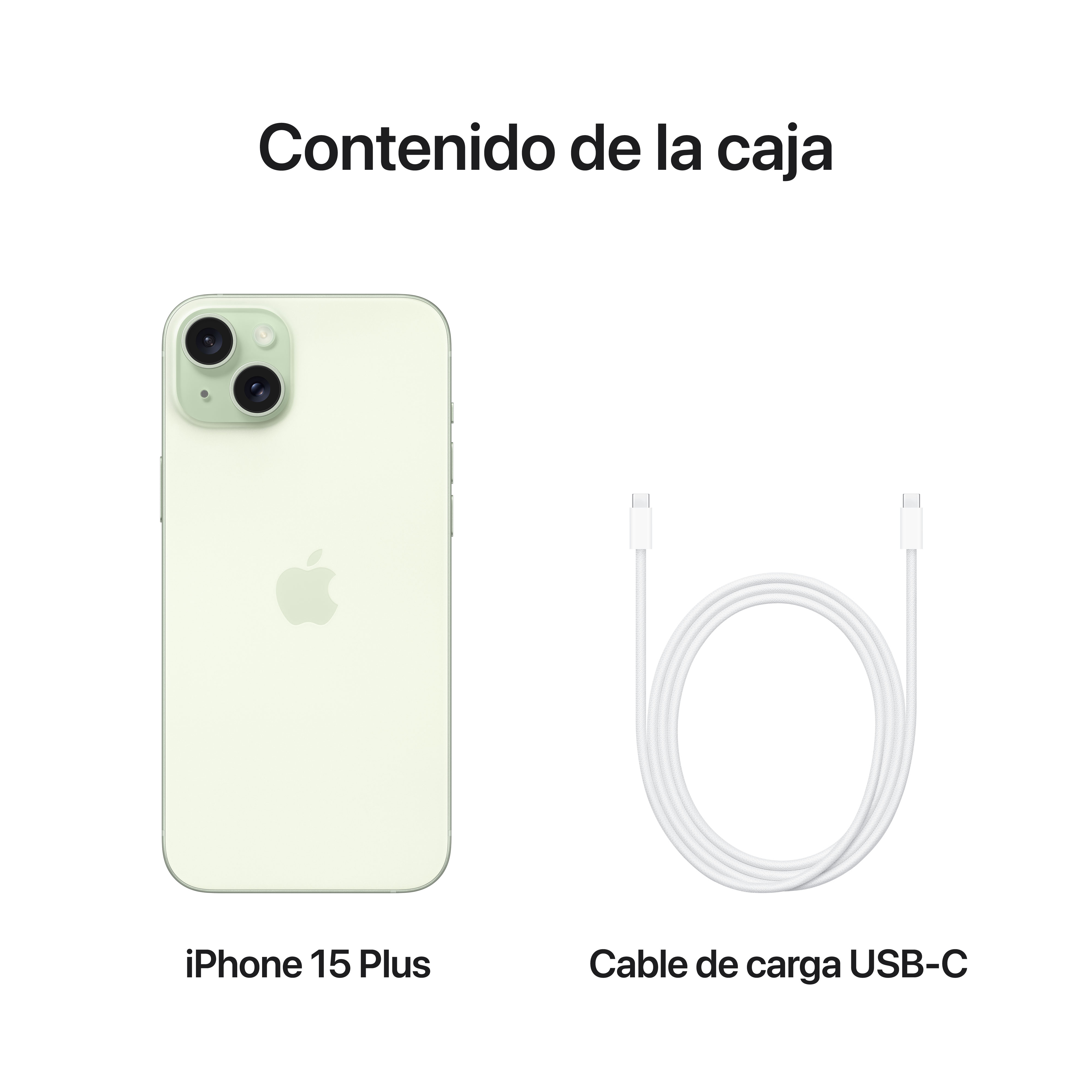 Un iPhone 15 Plus verde claro, con un cable de carga USB-C blanco. En un fondo blanco.