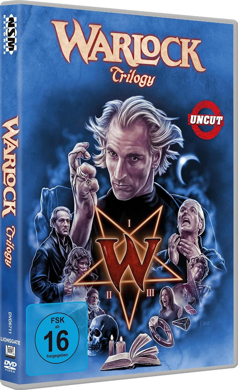 Warlock Trilogy DVD-Cover, mit einem Mann im Anzug und drei Gesichtern um ein zentrales W.