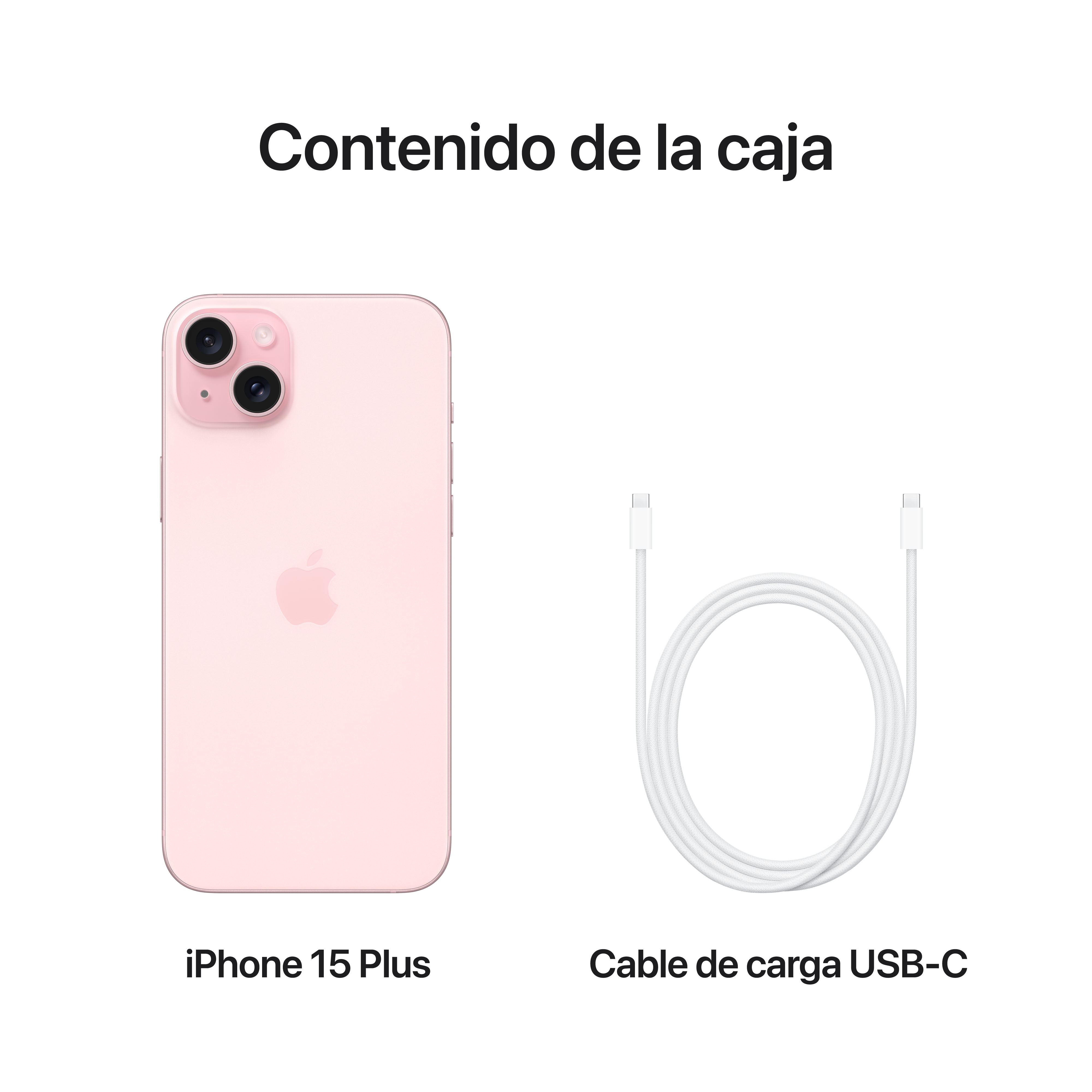iPhone 15 Plus rosa con cable de carga USB-C, ambos sobre fondo blanco.