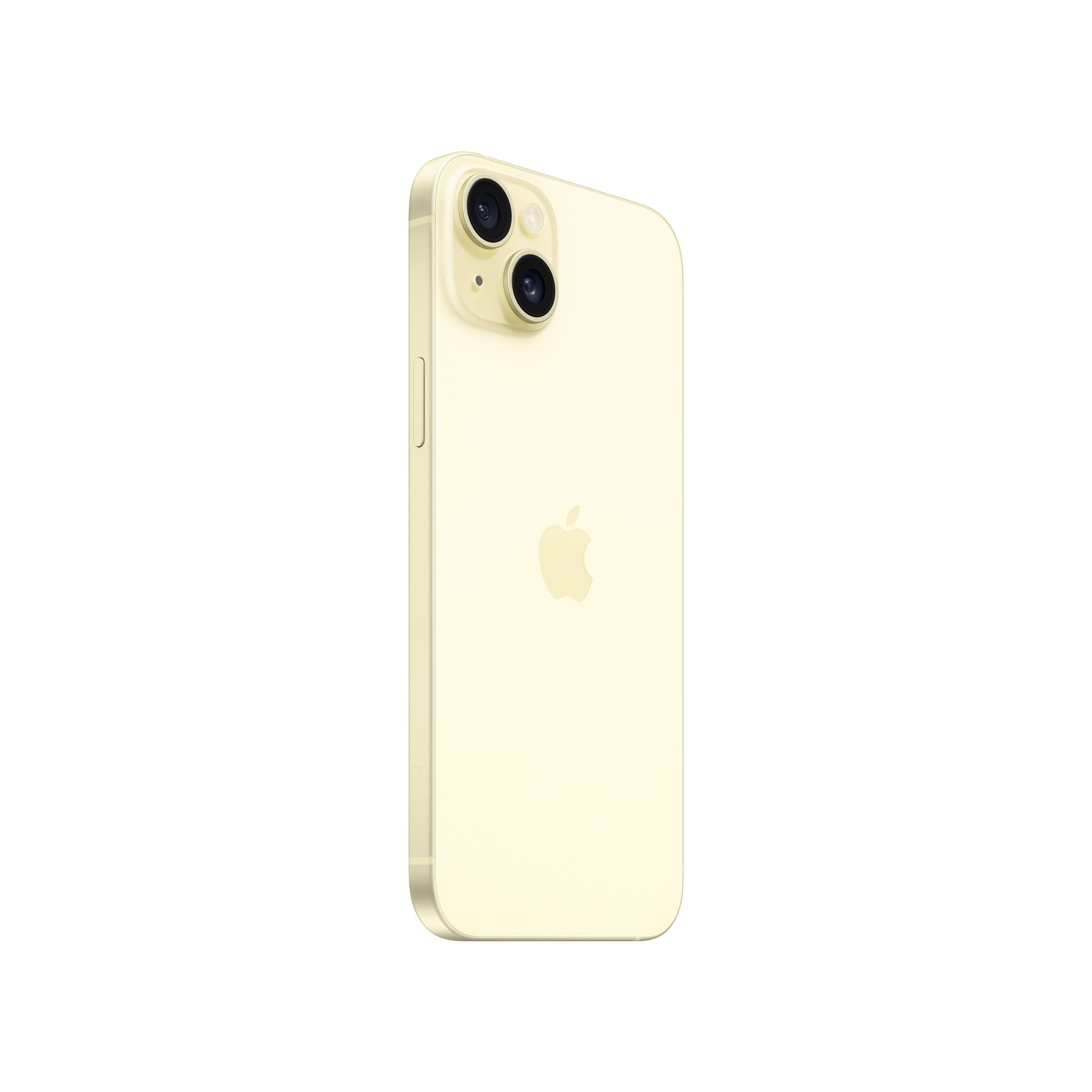 iPhone 14 Pro amarillo pálido, vista trasera. Cámara dual, logotipo de Apple y fondo blanco.