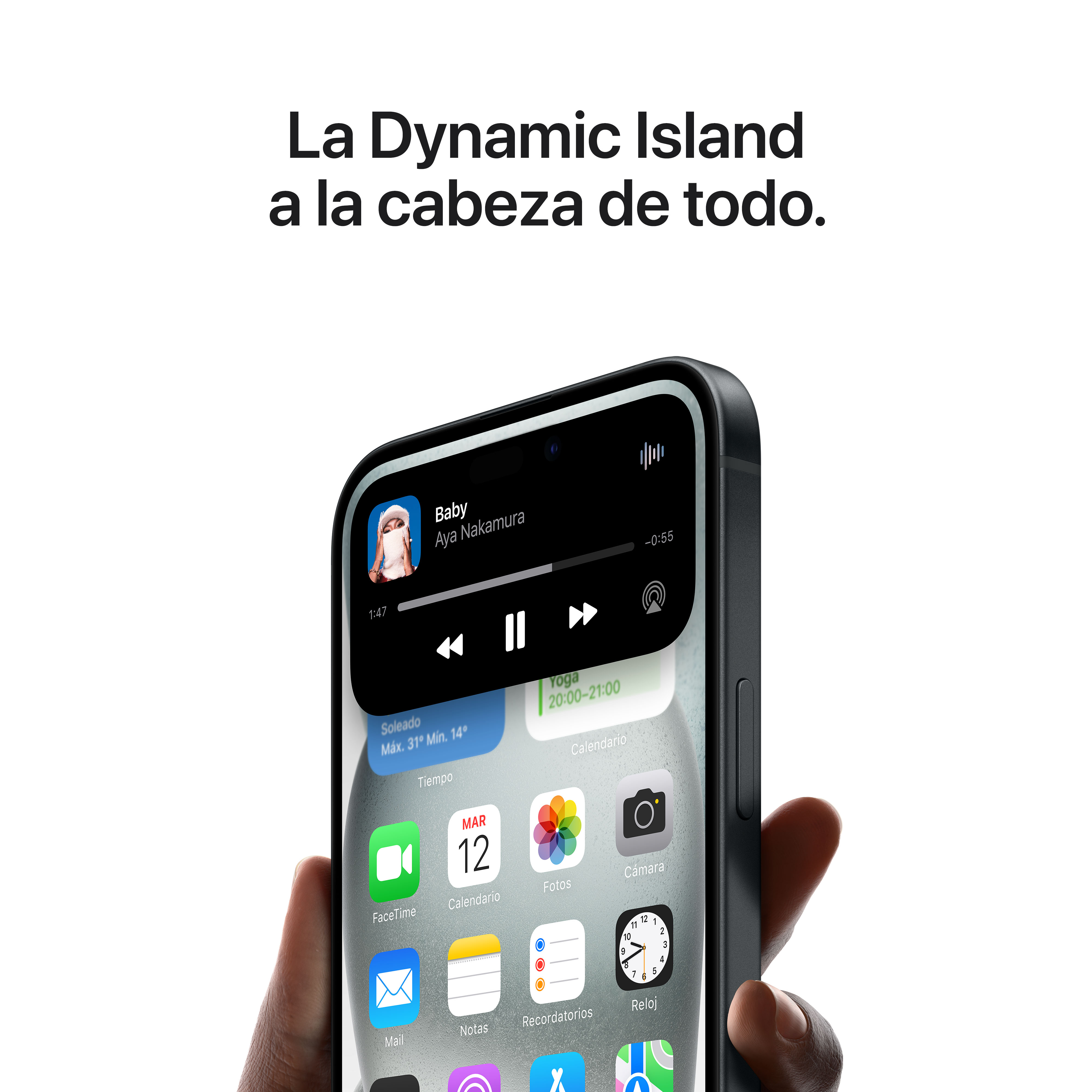Pantalla de iPhone mostrando música y calendario. Texto superior: "La Dynamic Island...". Marco negro.
