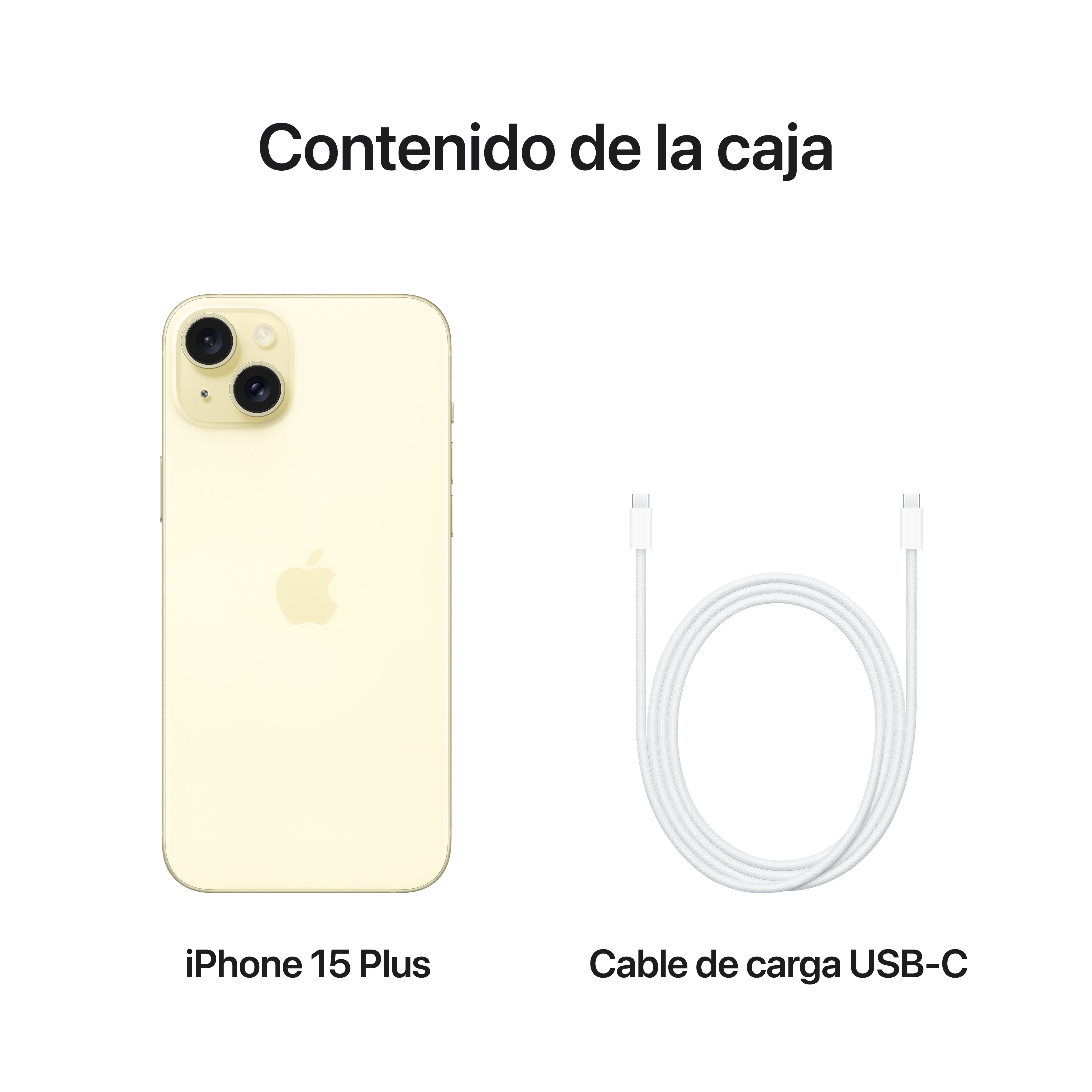 iPhone 15 Plus con cable de carga USB-C. Muestra el contenido: teléfono y cable. Fondo blanco.
