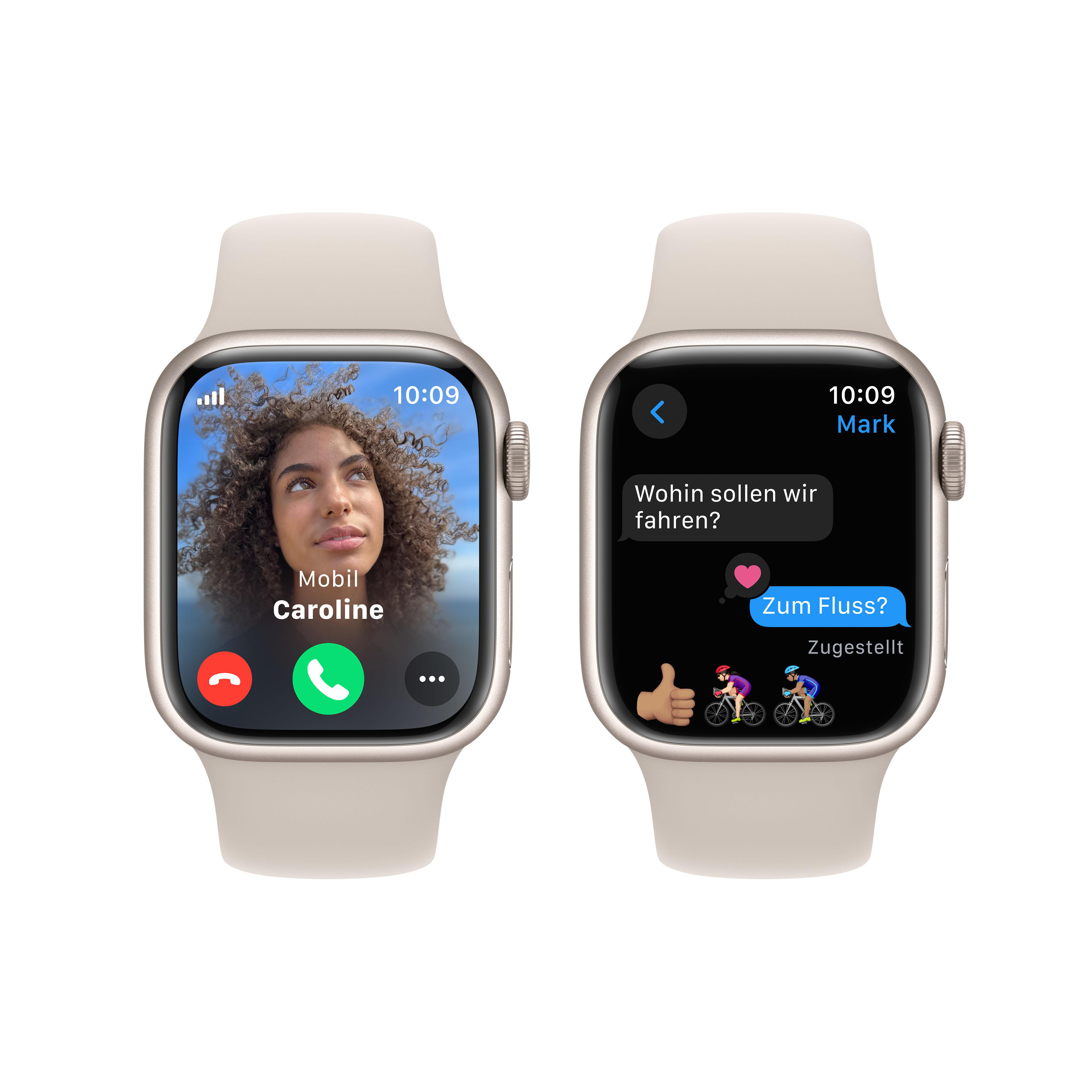Zwei Apple Watches nebeneinander. Eine zeigt einen Videoanruf, die andere eine Textkonversation.