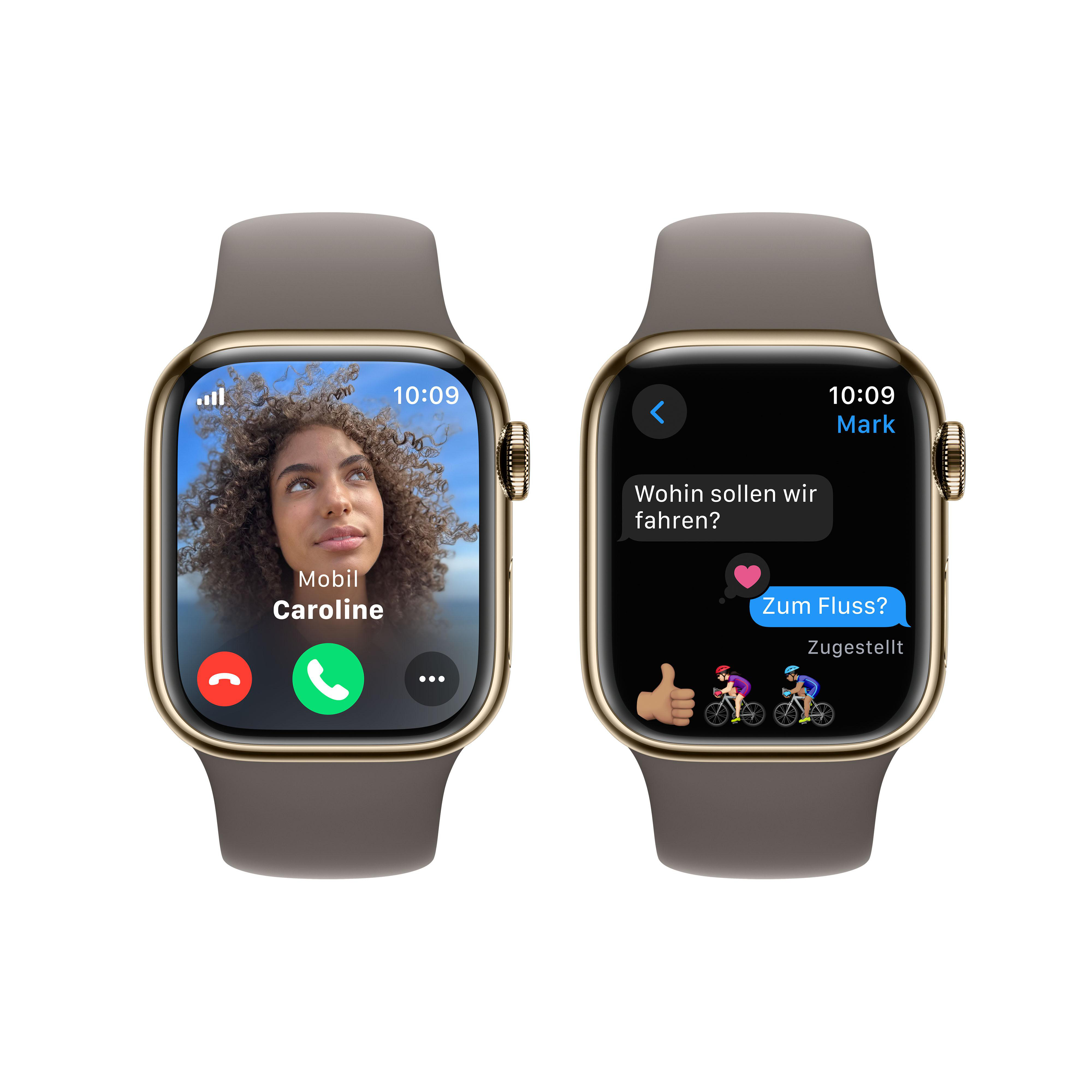 Zwei Apple Watches, eine mit Videoanruf und eine mit Textnachricht.