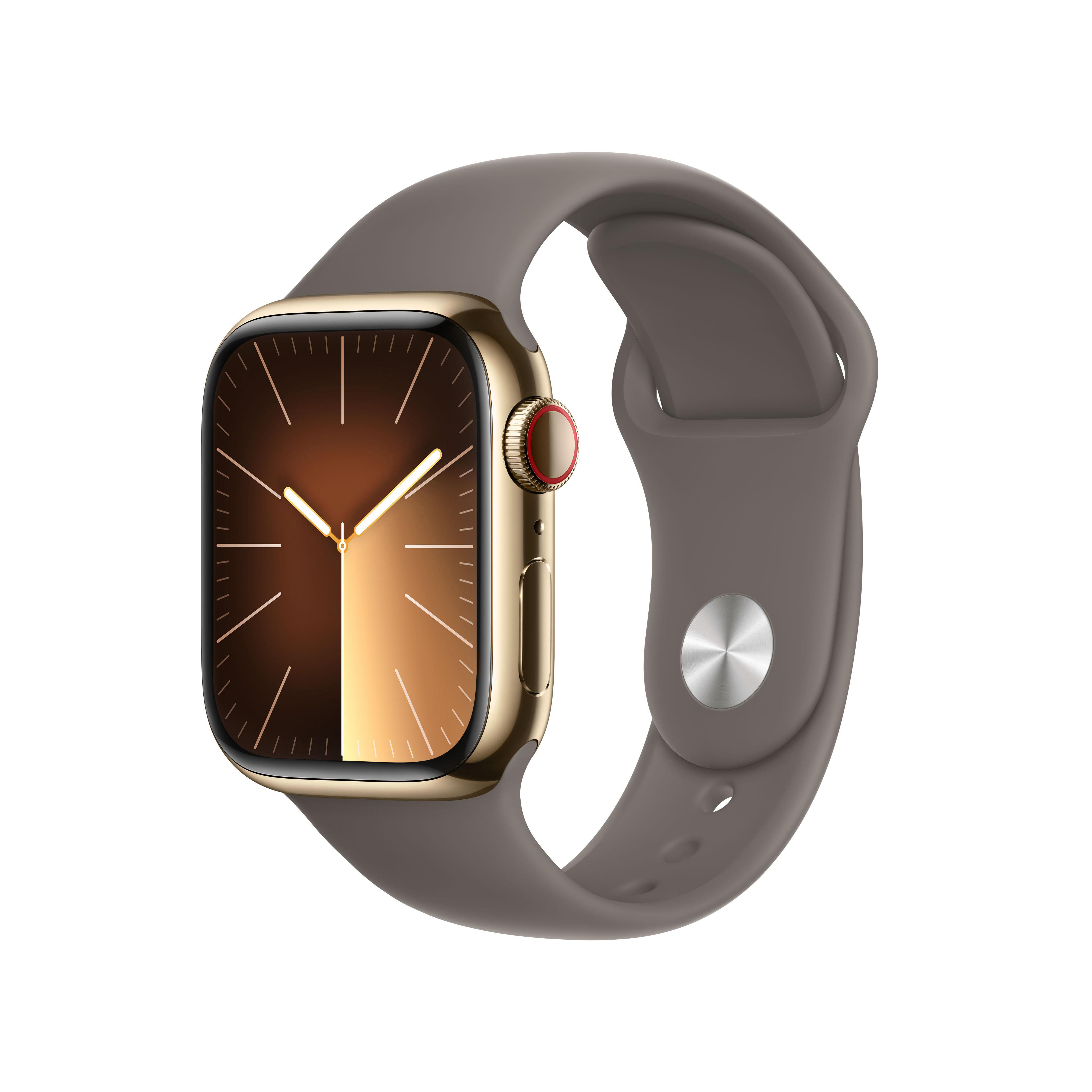 Goldene Smartwatch mit braunem Display und grauem Armband.