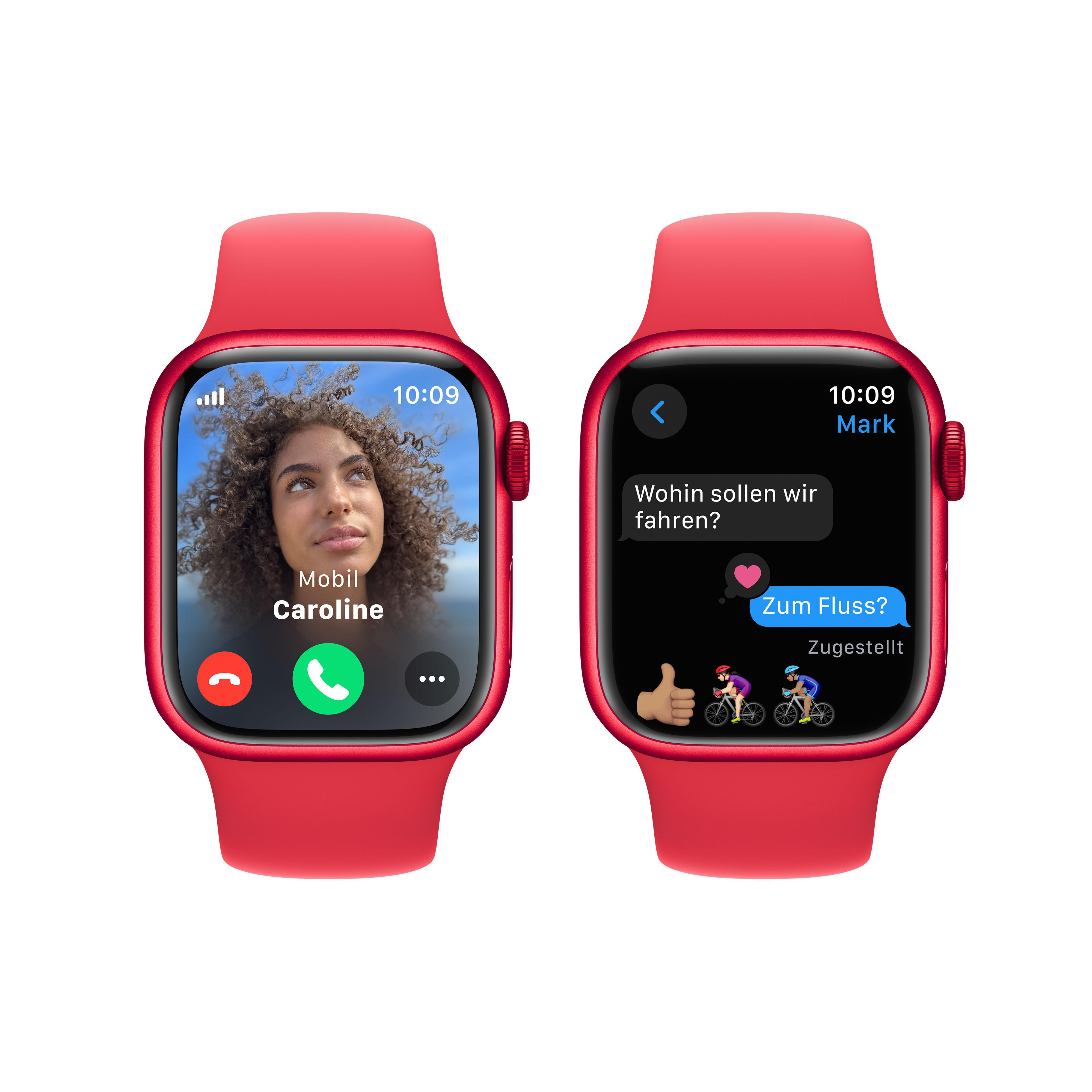Zwei rote Apple Watches. Eine zeigt einen Videoanruf, die andere eine Textnachricht.