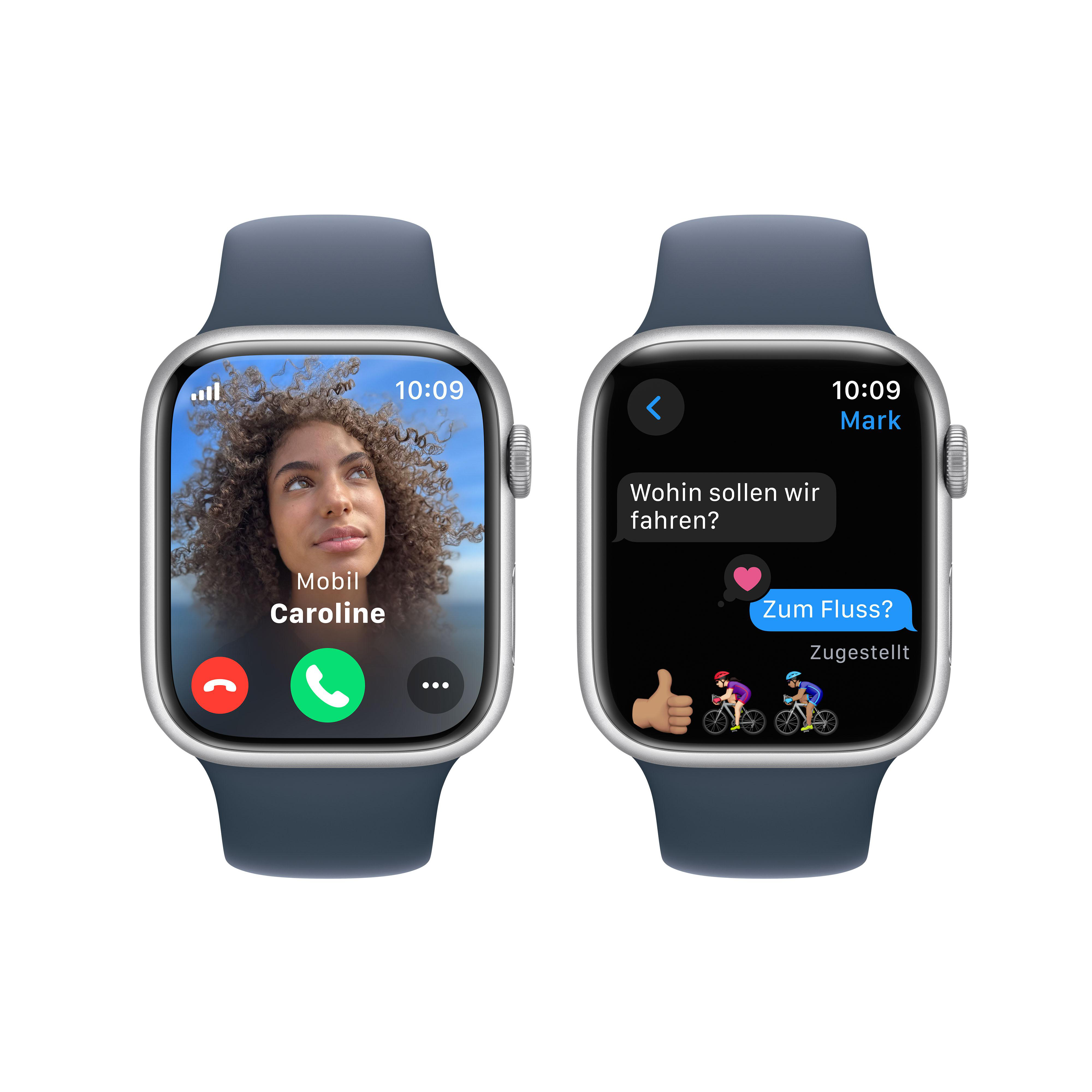 Zwei Apple Watches zeigen einen Anruf und eine Textnachricht mit Emojis.