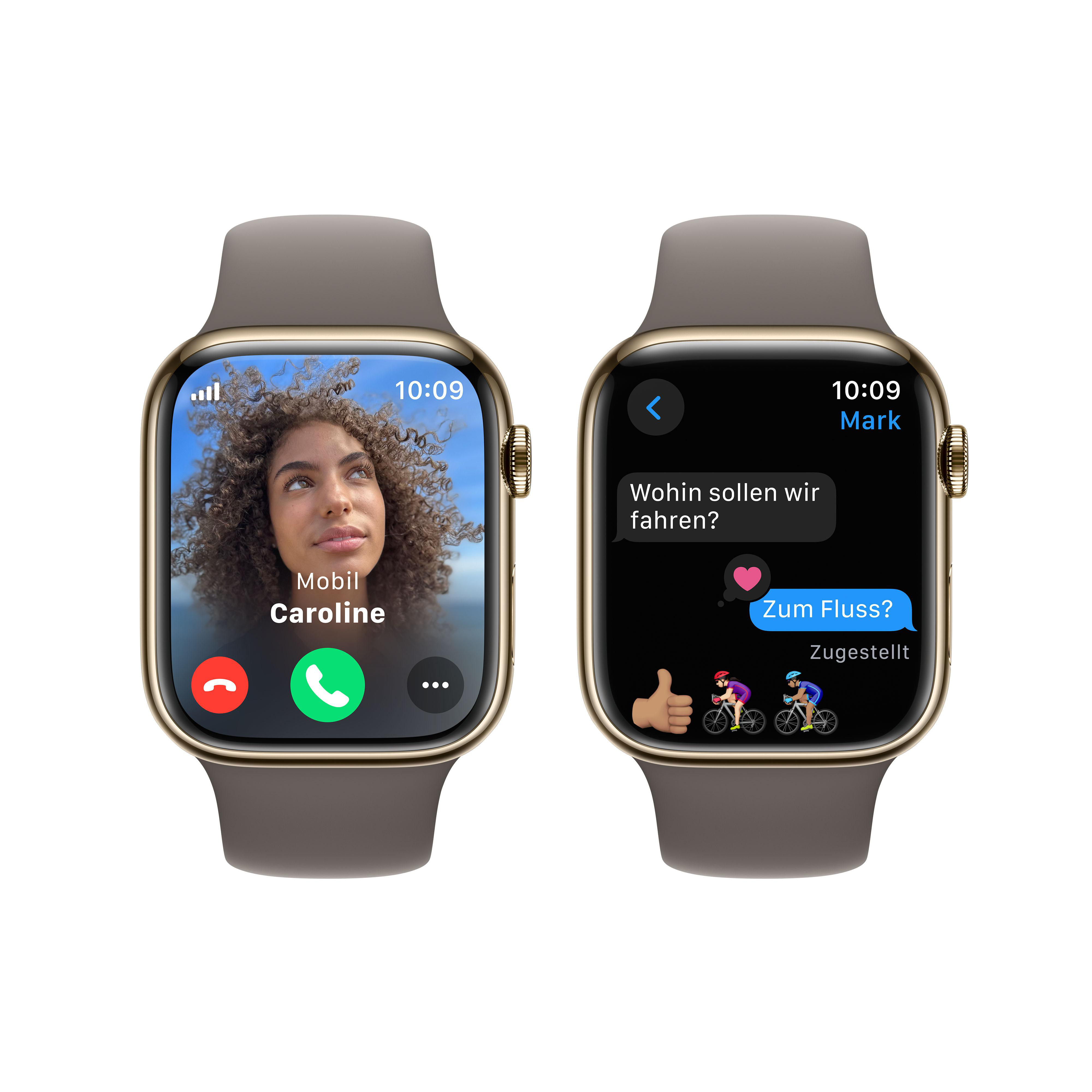 Zwei Apple Watches zeigen einen Videoanruf und eine Textnachricht mit Emojis, beide mit Goldgehäusen.