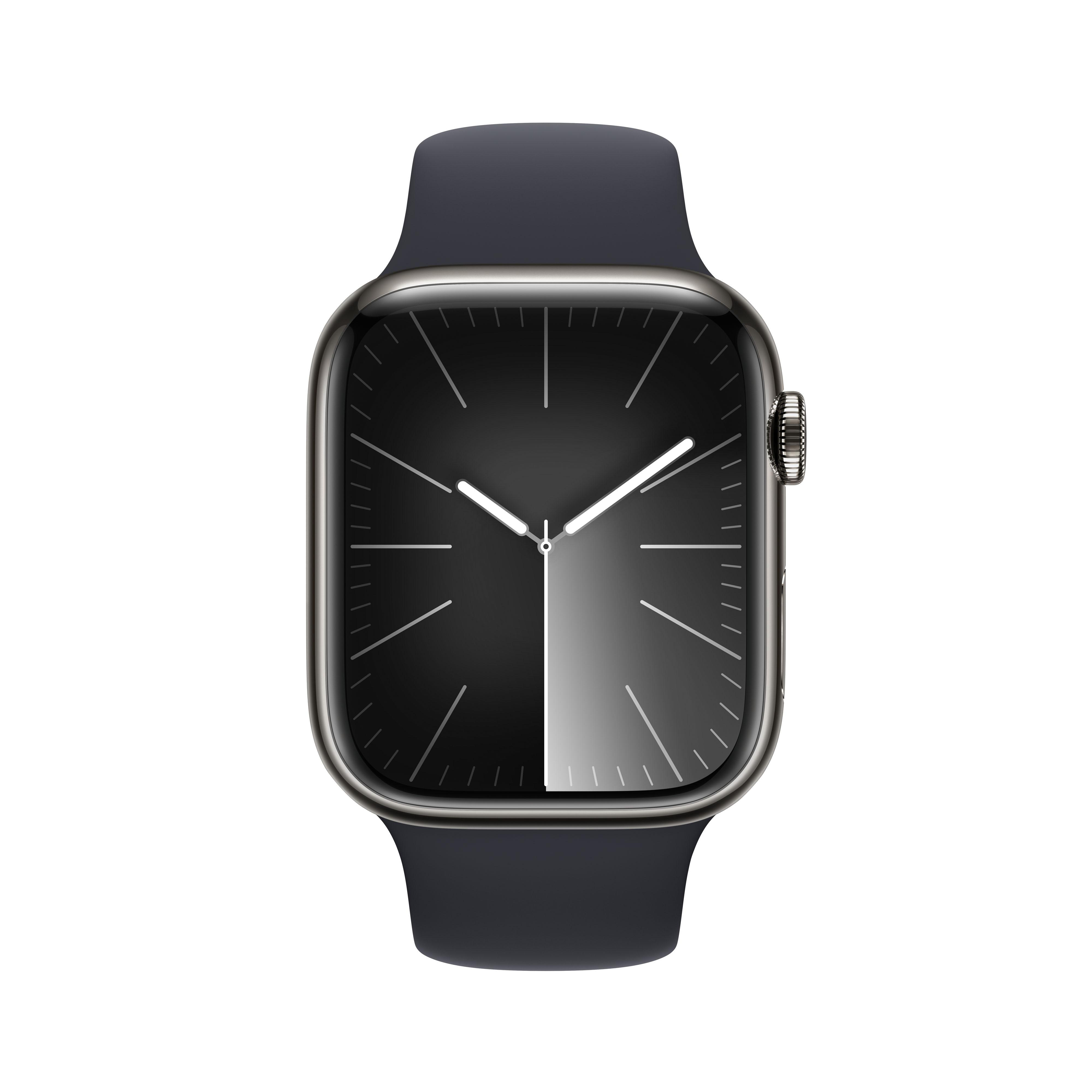 Nahaufnahme einer Apple Watch mit schwarz-weißem Zifferblatt und dunkelblauem Armband.