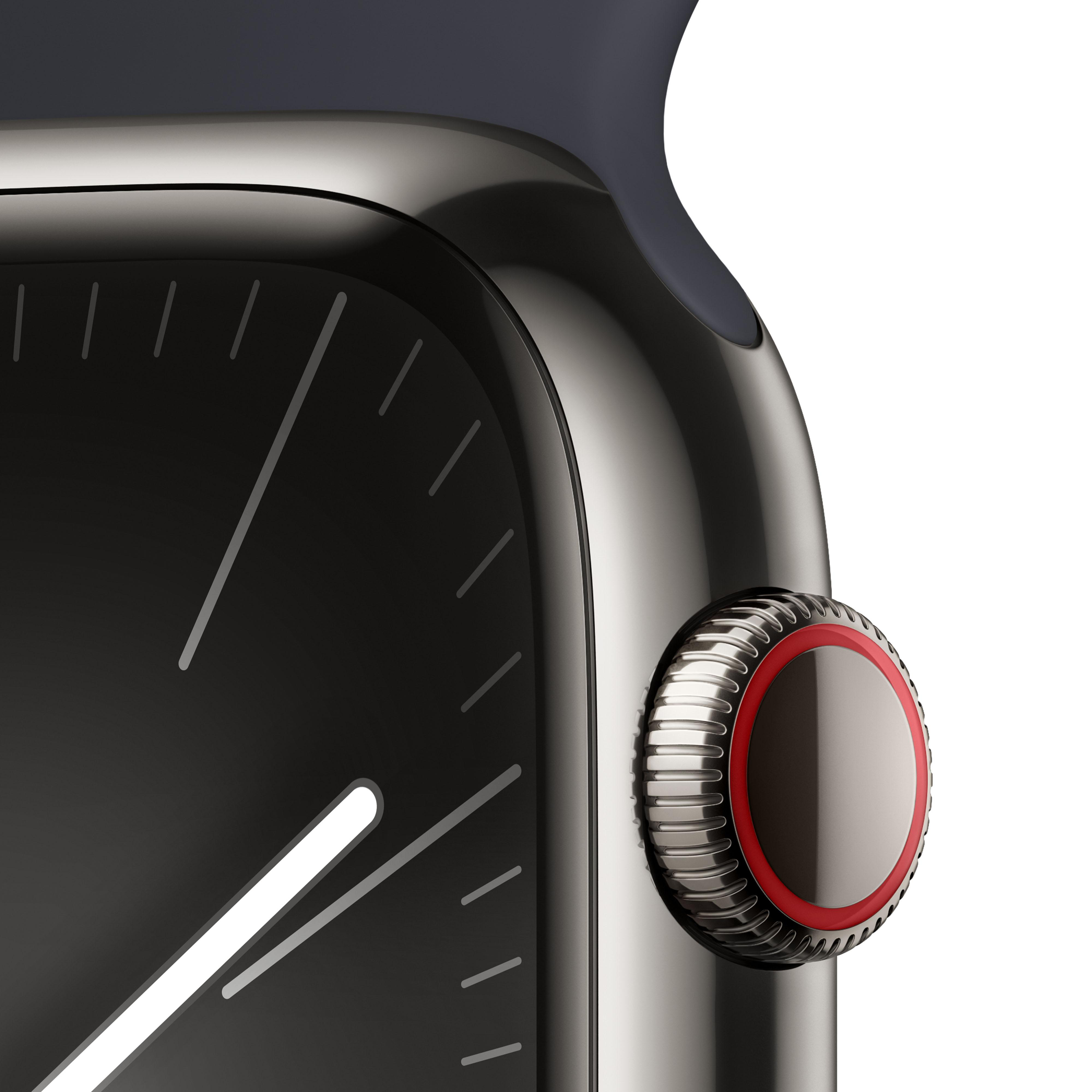 Nahaufnahme einer Apple Watch mit dunklem Armband und roter Digital Crown.