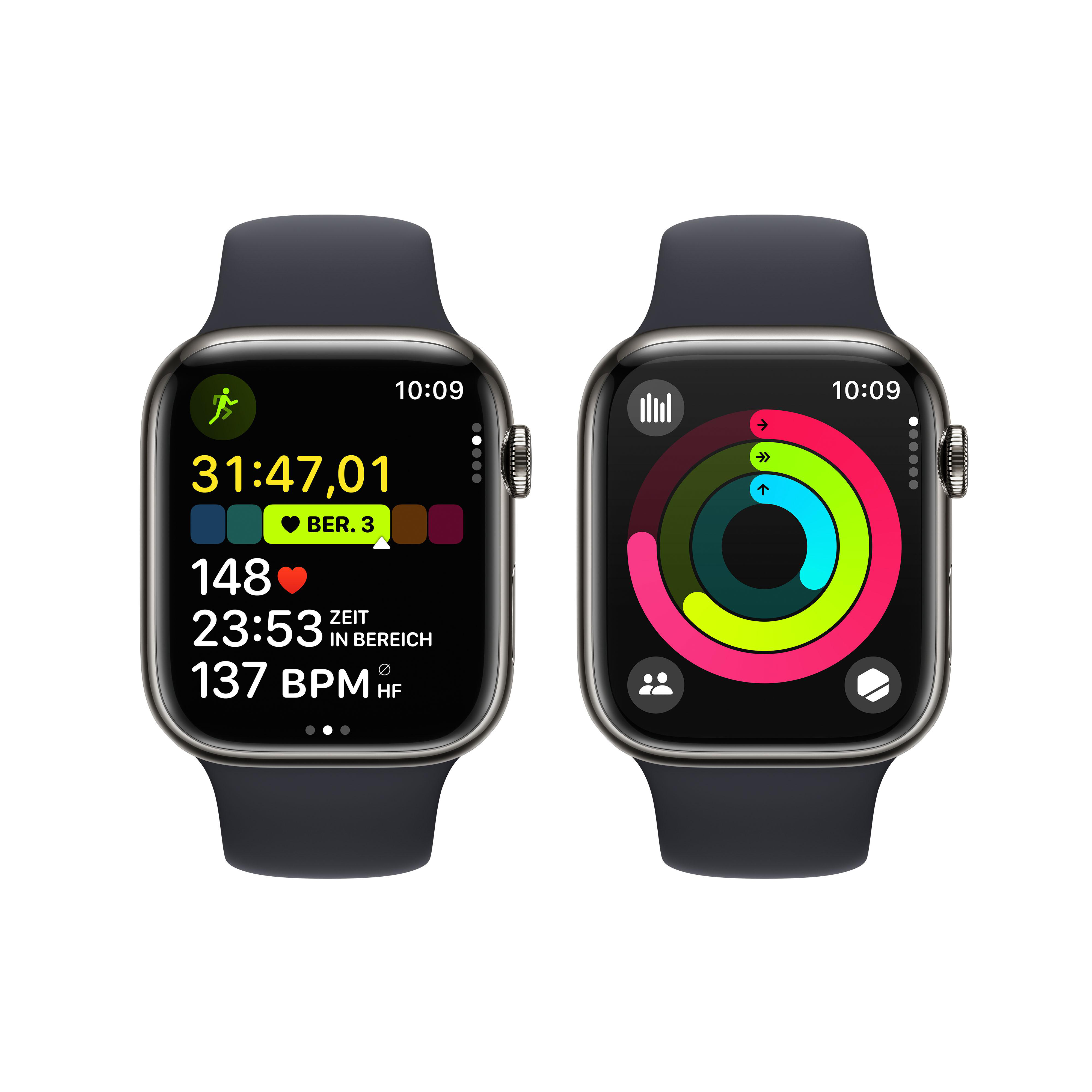 Zwei Apple Watches, eine mit Trainingsdaten. Die andere zeigt Aktivitätsringe und Trainingsdaten.