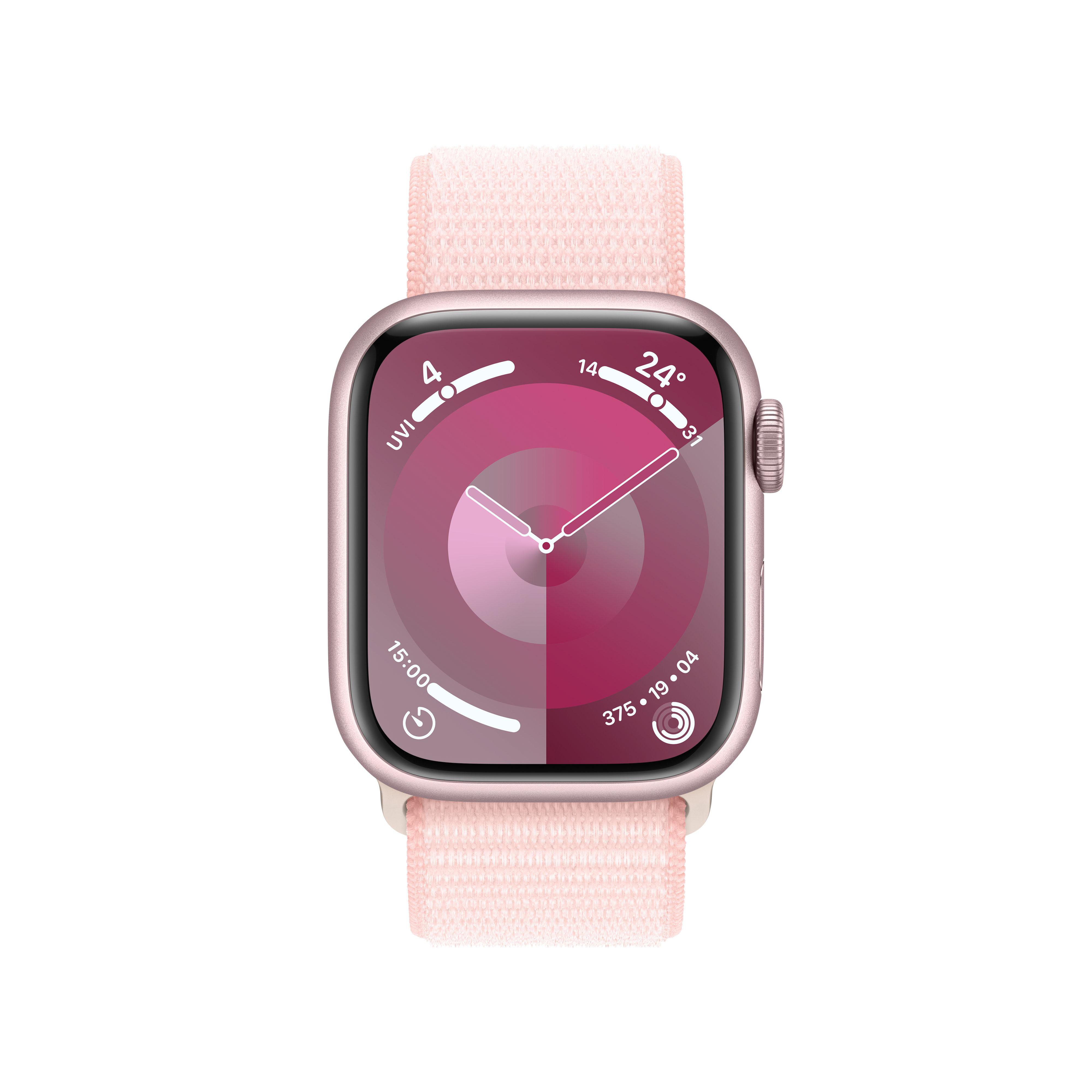 Apple Watch mit rosa Stoffarmband, Anzeige von Zeit, Temperatur und Gesundheitsdaten.