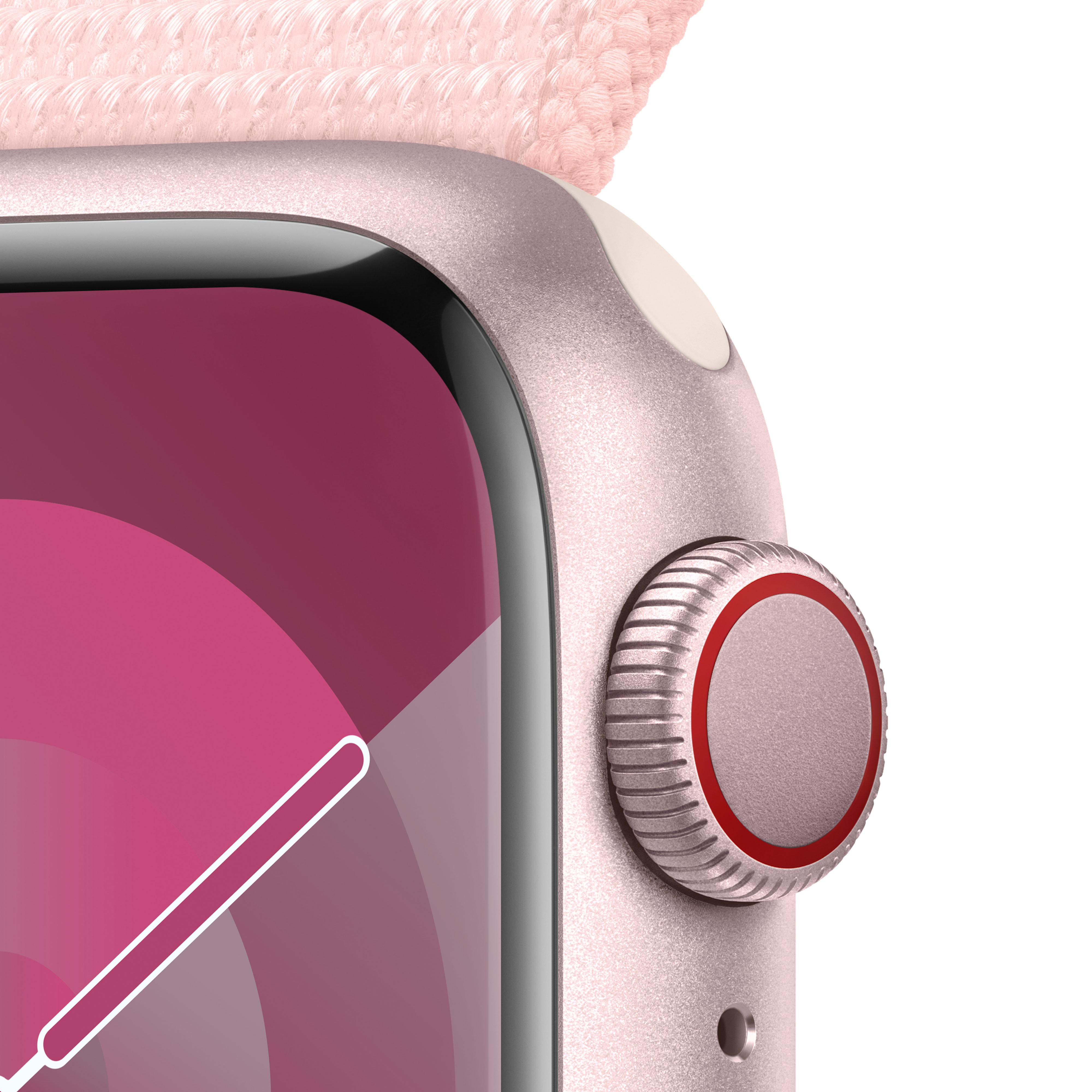 Nahaufnahme einer rosa Smartwatch, mit rotem Zifferblatt, rosa Armband und weißem Hintergrund.