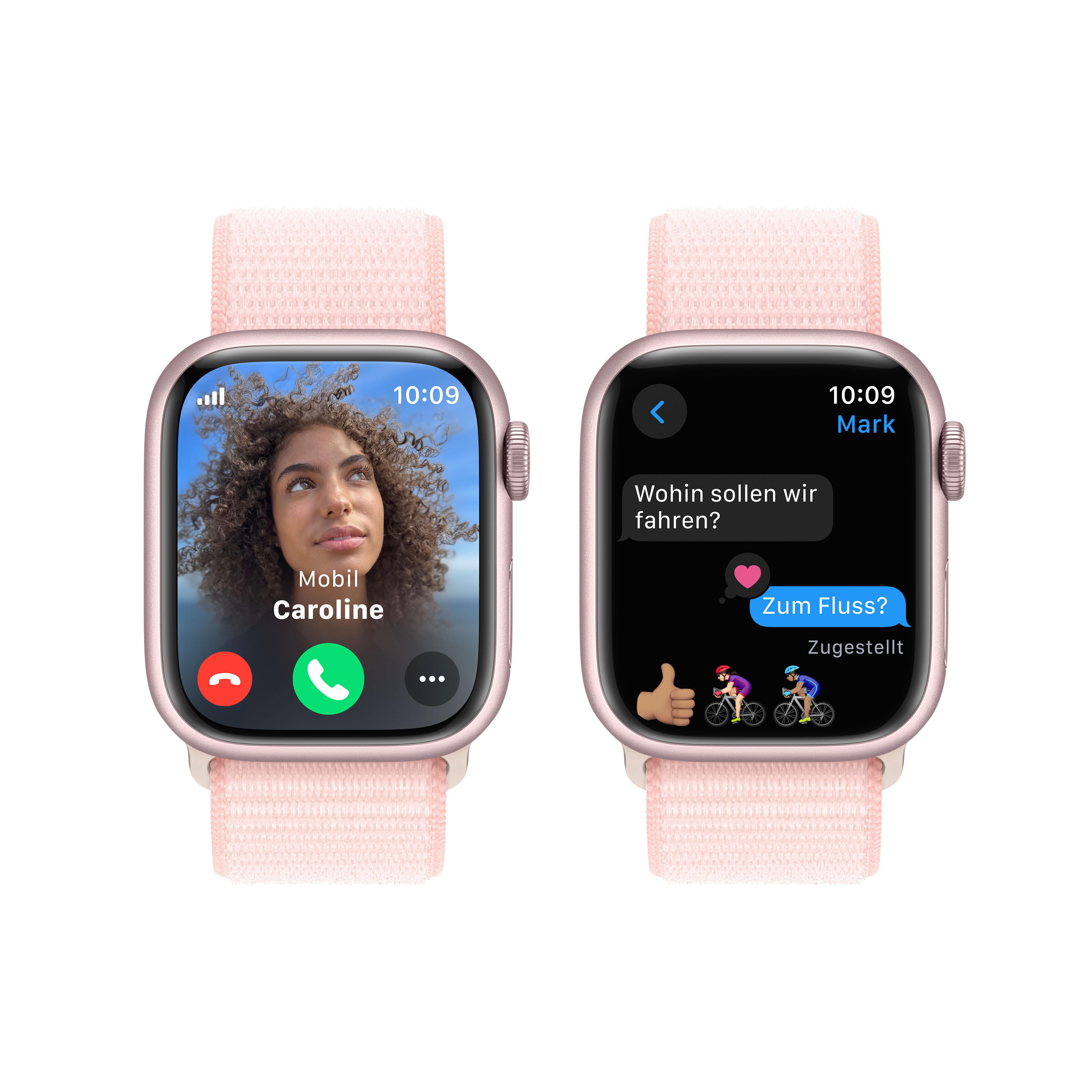 Zwei Apple Watches. Eine zeigt einen Videoanruf mit einer Frau namens Caroline. Die andere zeigt eine Nachricht.