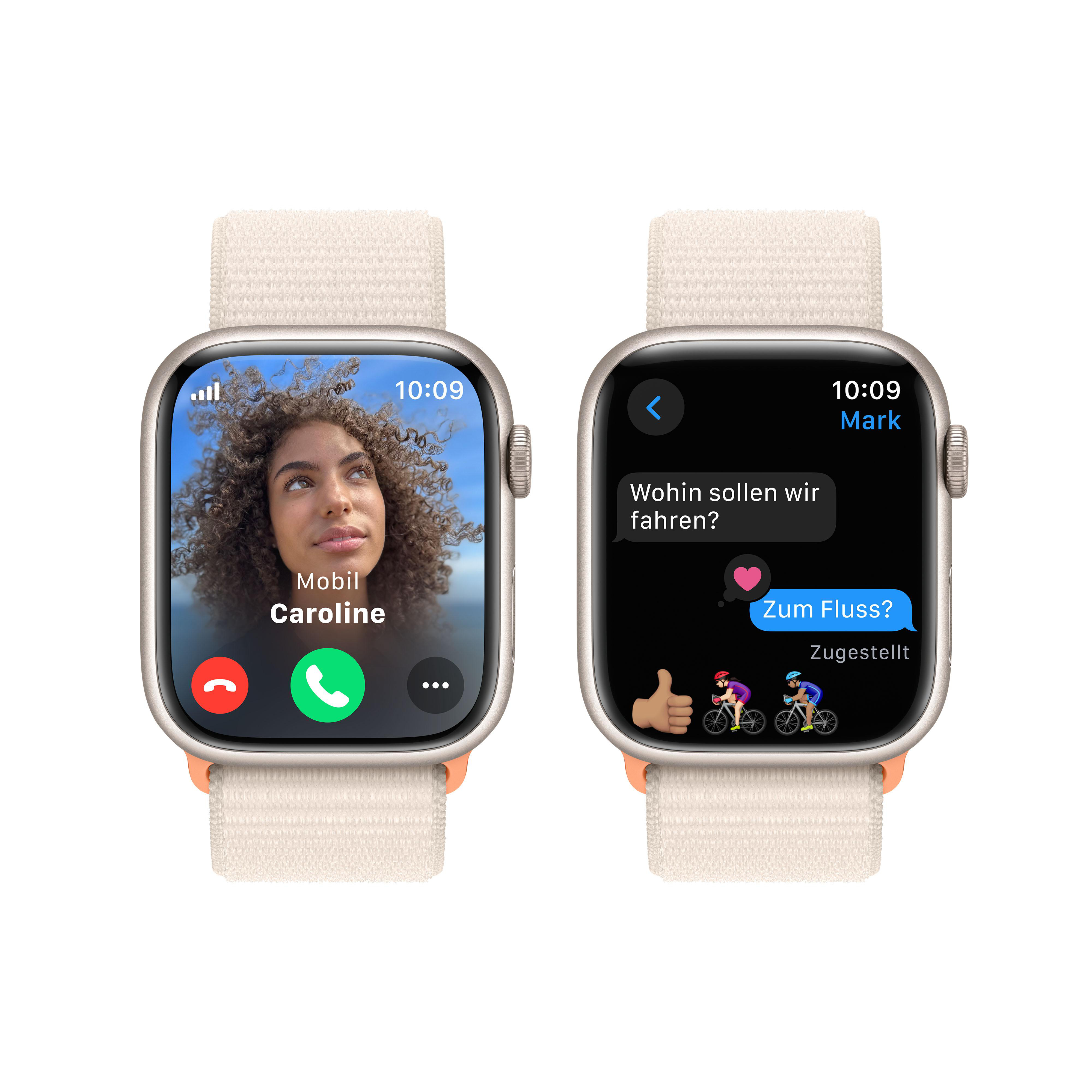 Zwei Apple Watches: eine mit Anruf, die andere mit Nachricht. Beide haben cremefarbene Armbänder.