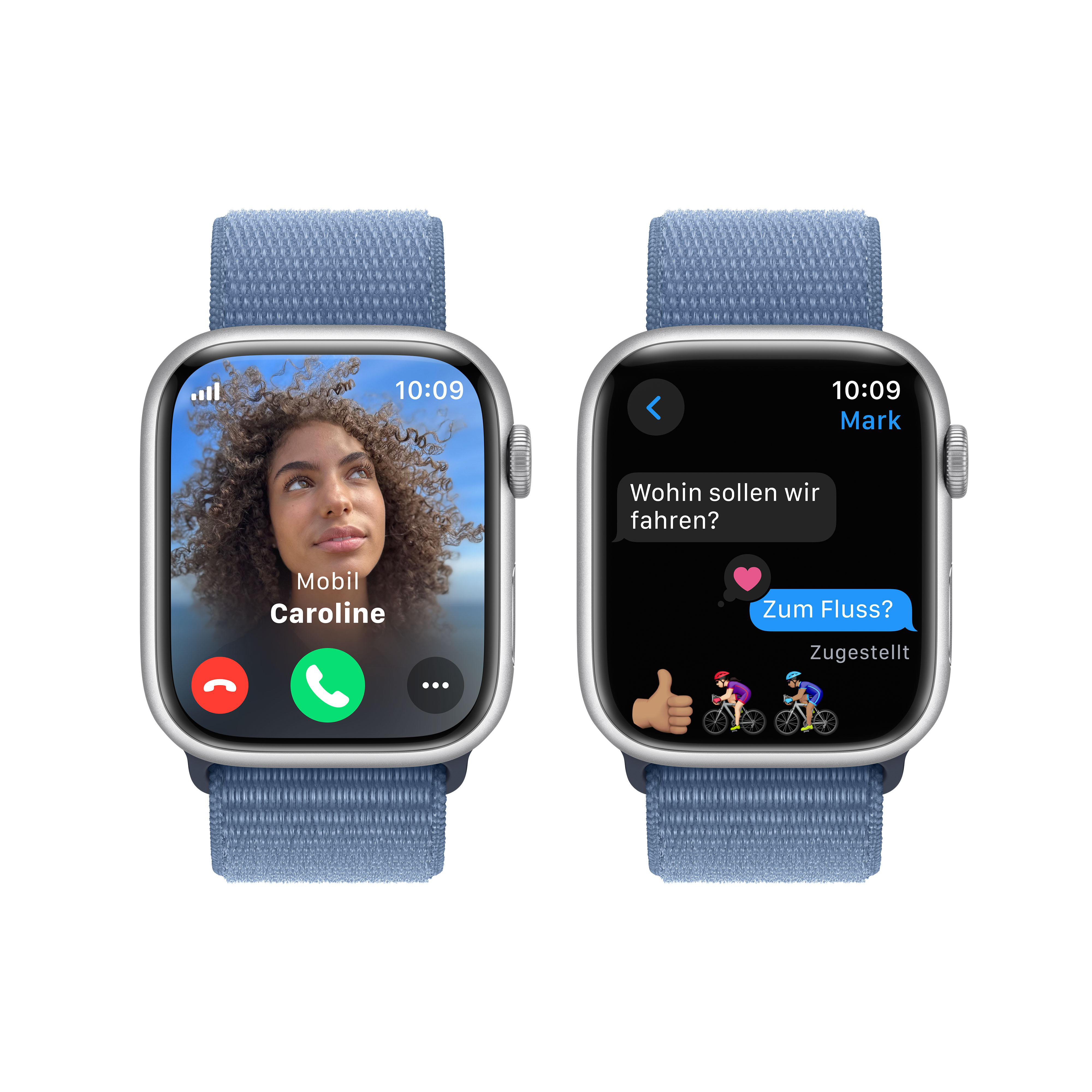 Zwei Apple Watches nebeneinander. Eine zeigt einen Videoanruf, die andere eine Textkonversation.