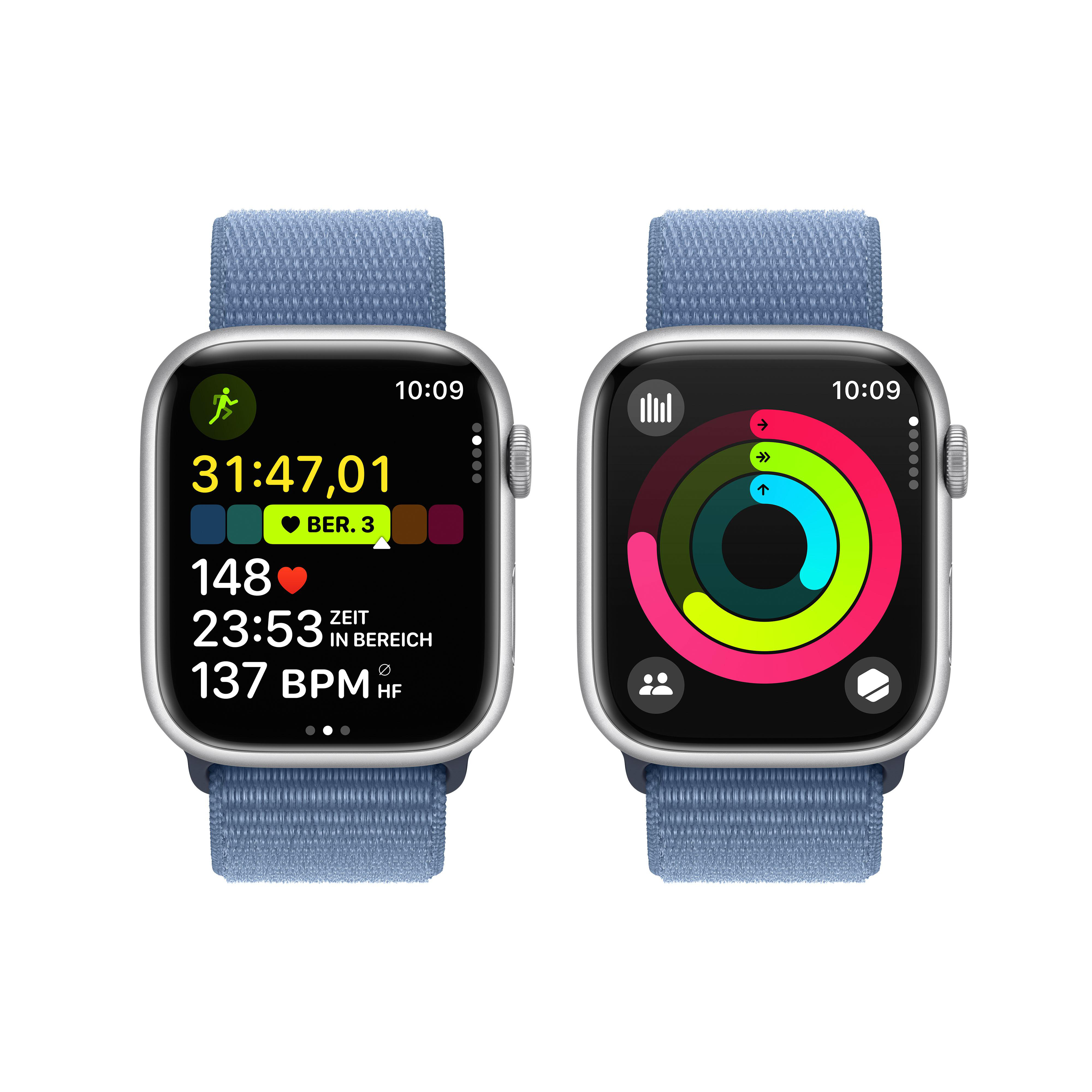 Zwei Smartwatches zeigen verschiedene Bildschirme. Einer zeigt Aktivitätsringe, der andere Daten.