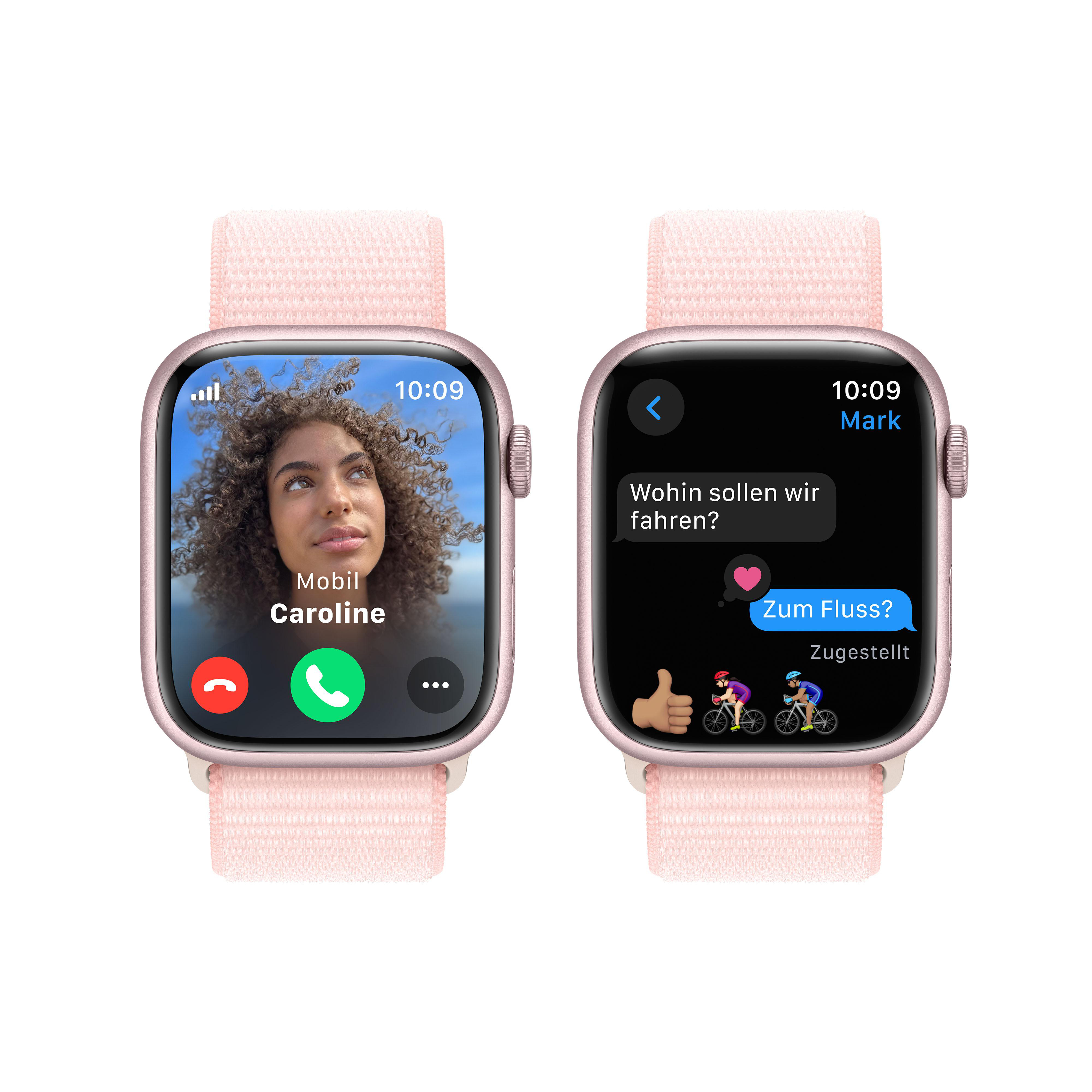 Zwei Apple Watches zeigen einen Anruf und eine Textnachricht, mit pinkfarbenem Armband.