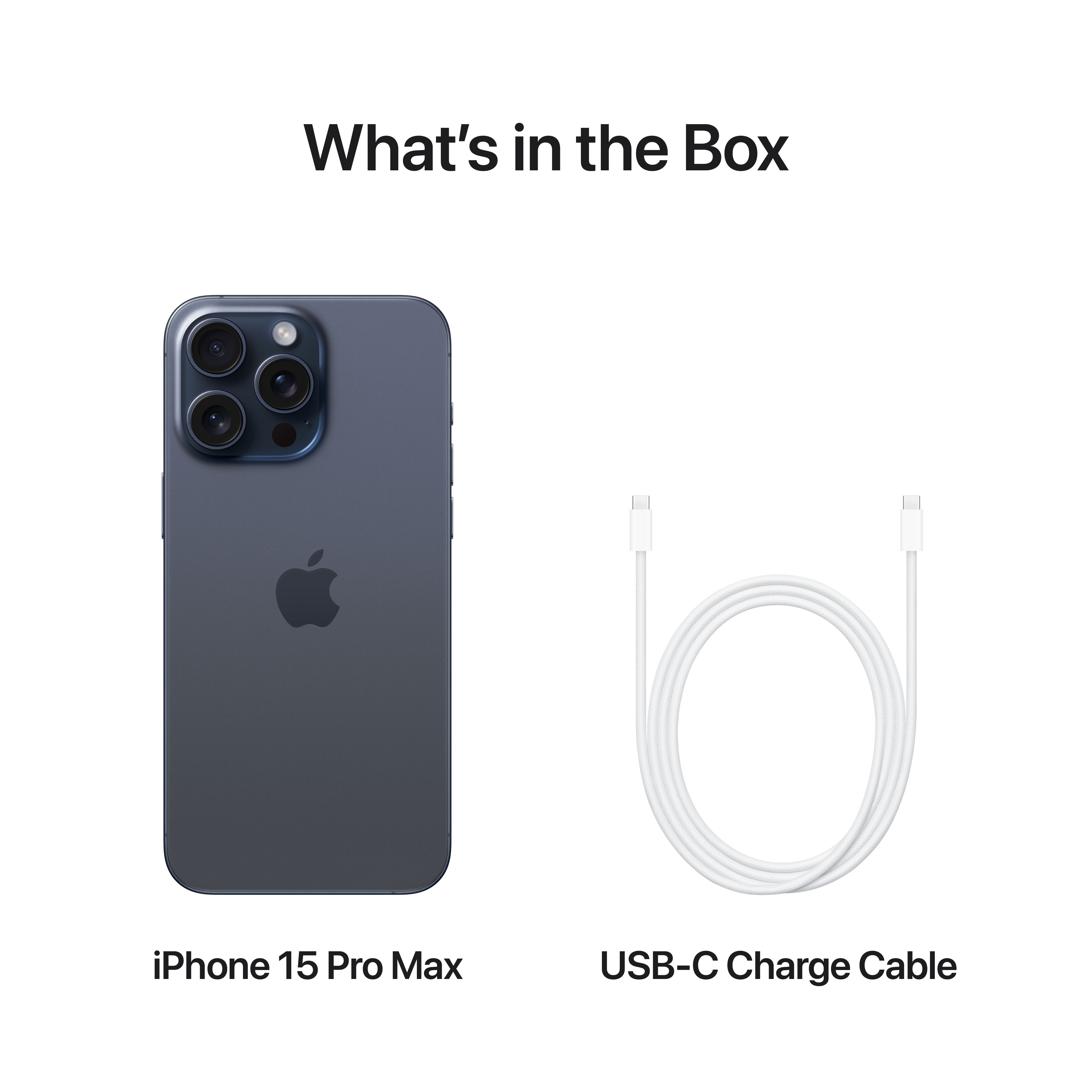 Bild zeigt iPhone 15 Pro Max und ein USB-C-Ladekabel. Der Text lautet: "Was ist in der Box?"