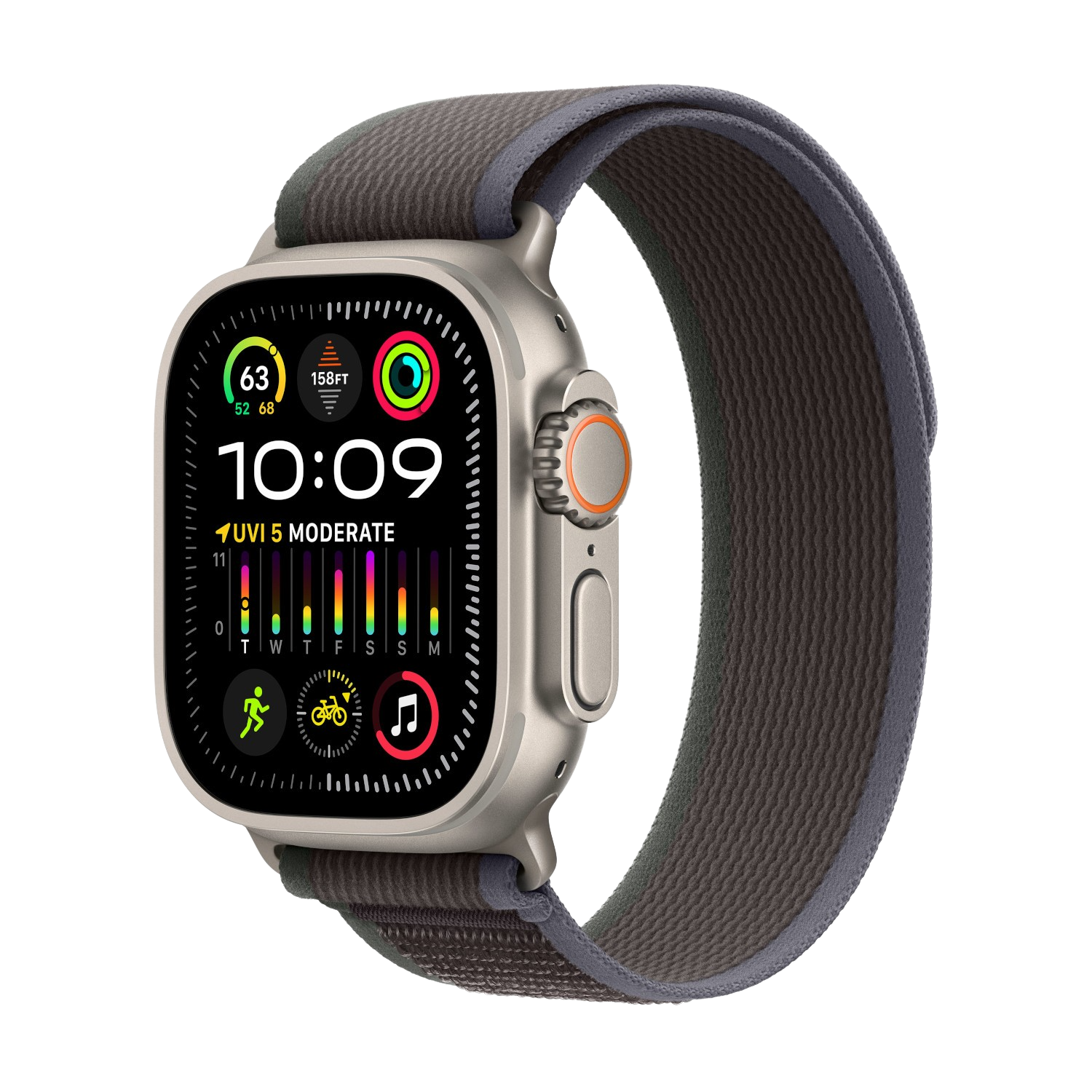 Zilveren Apple Watch met grijze band. De wijzerplaat toont tijd en gezondheidsgegevens.
