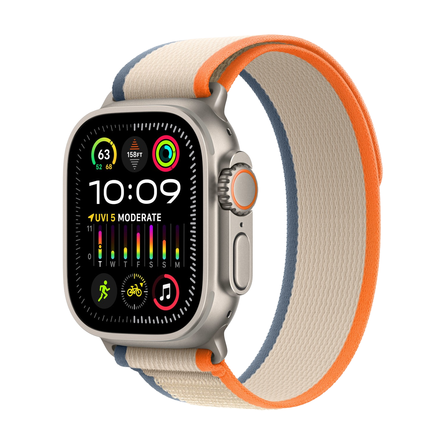 Smartwatch met een beige bandje en oranje details. Het scherm toont informatie. Het horloge is geïsoleerd op zwart.