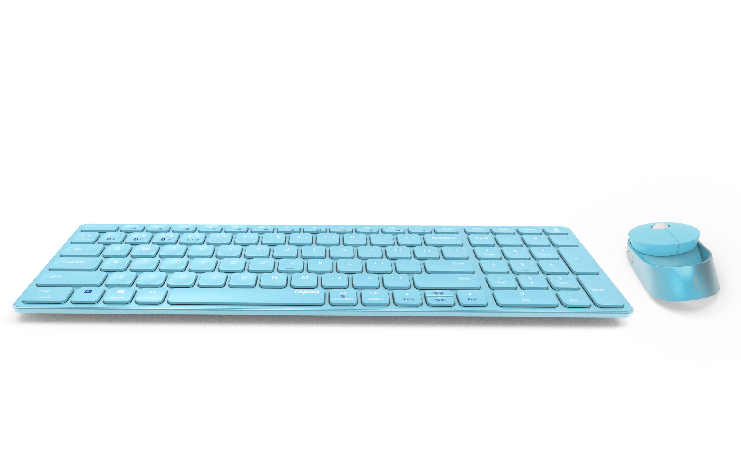 Ein hellblaues Tastatur- und Maus-Set, beide mit weißen Tasten/Knöpfen und minimalistischem Design.