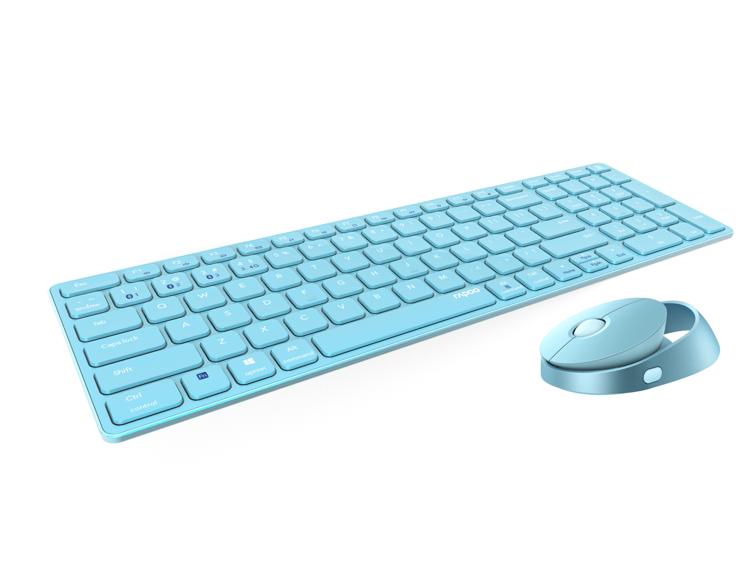 Blaue Tastatur und Maus auf weißem Hintergrund.